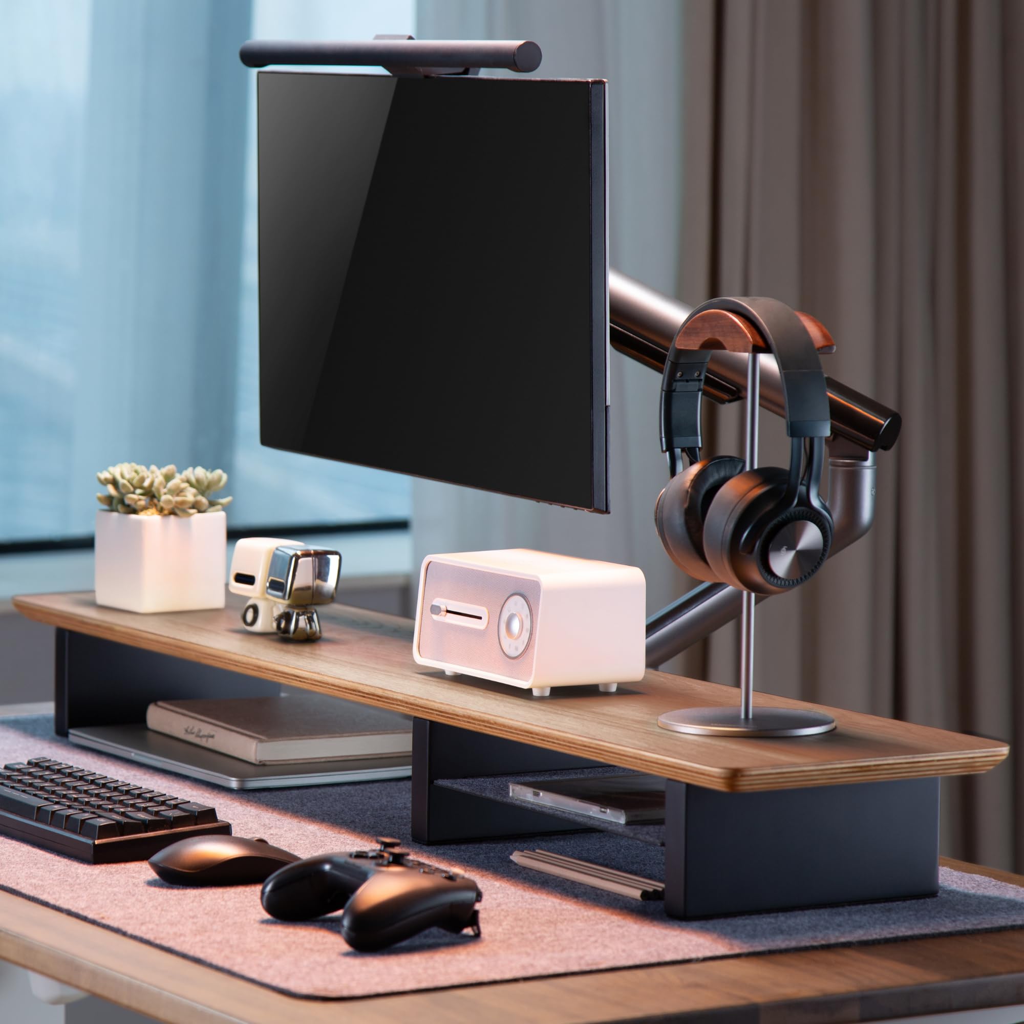 XL 44 Inch Walnut Wood Monitor Stand for Desk - Large Dual Monitor Riser with Desk Shelf, Solid Wood Computer Monitor Stand for Home & Office Workspace