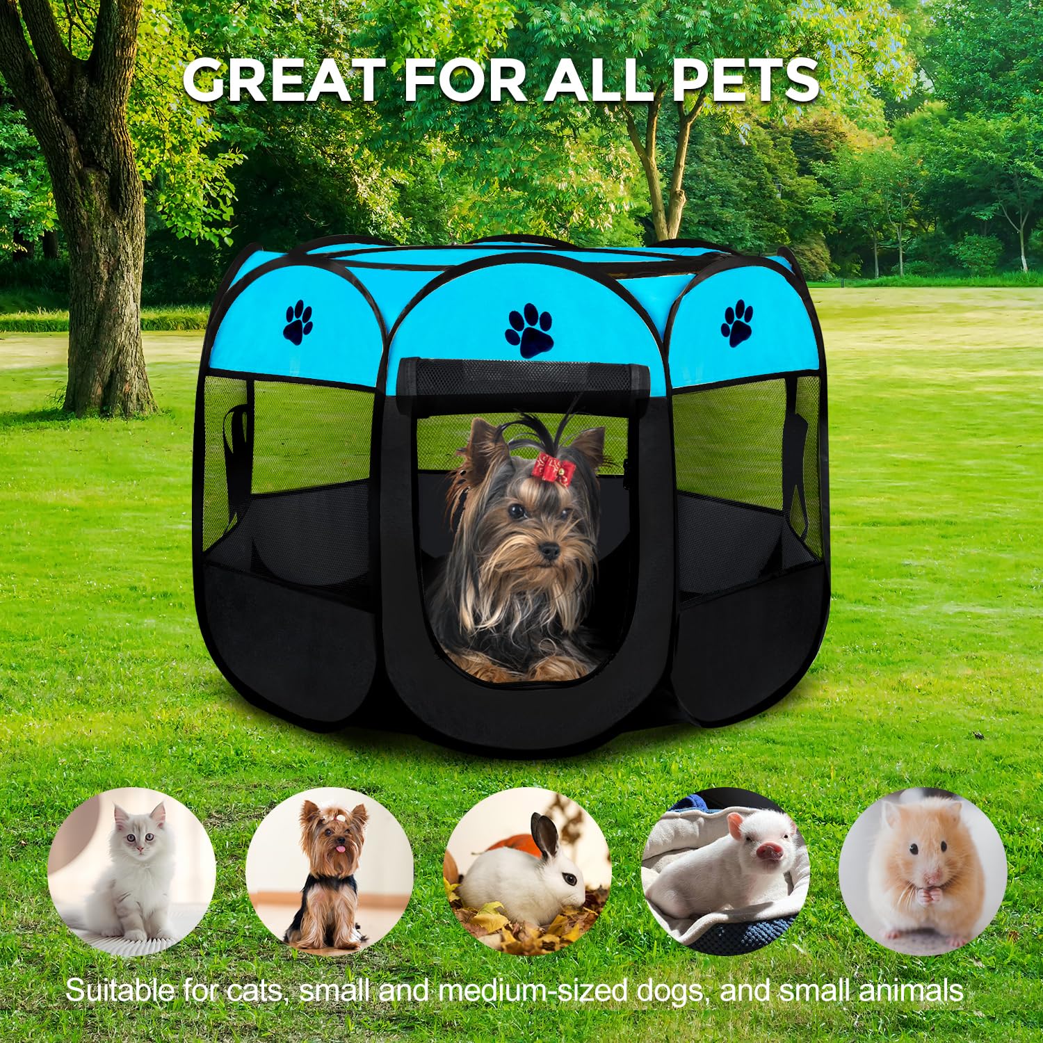 Foldable Portable Pet Playpen for Dogs & Cats - Small, Medium & Large Sizes - Indoor/Outdoor Pop-Up Kennel Tent for Travel, Camping & Home Use (Blue, 28