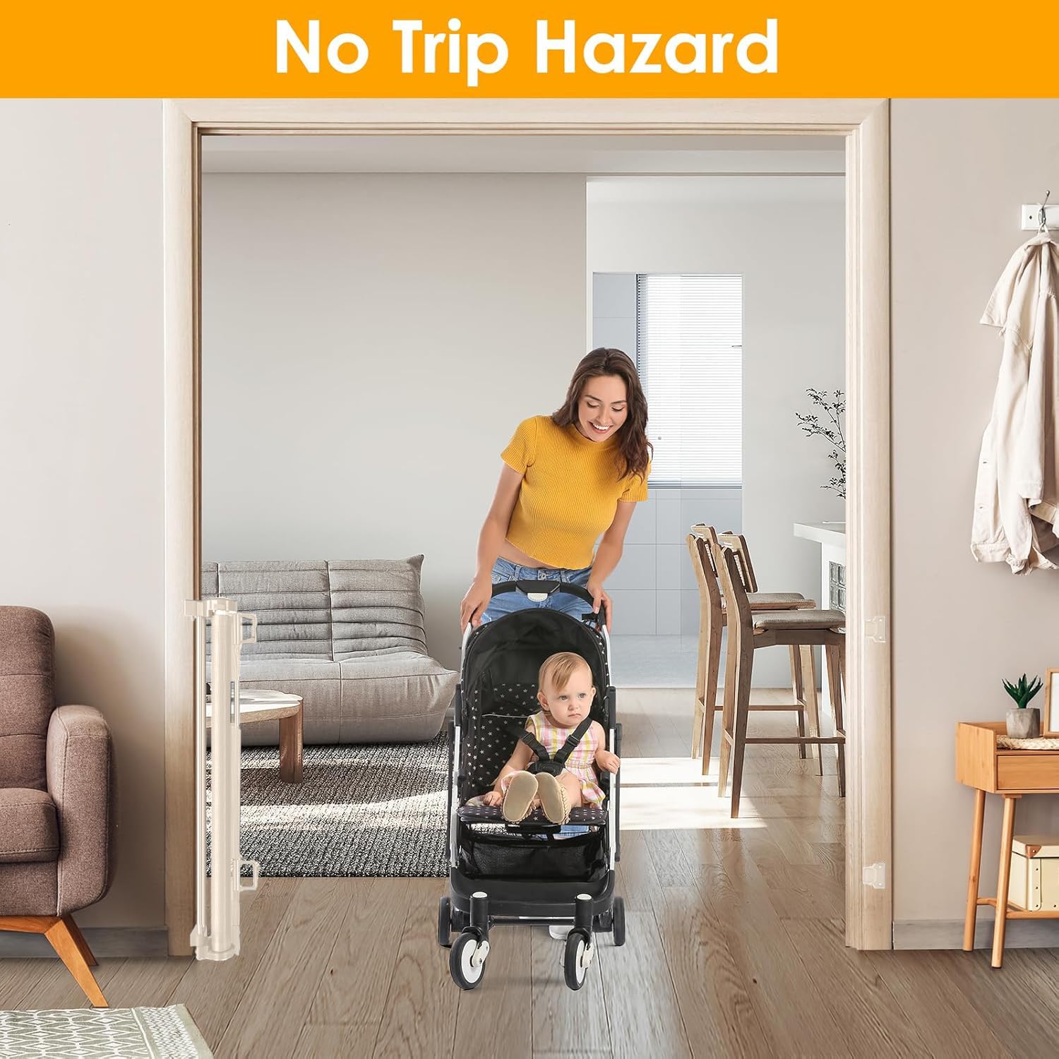 140 Inch Extra Wide Retractable Baby & Dog Gate - Adjustable Safety Barrier for Stairs, Doorways & Hallways - Indoor/Outdoor Use in Beige - Perfect for Homes with Pets & Toddlers