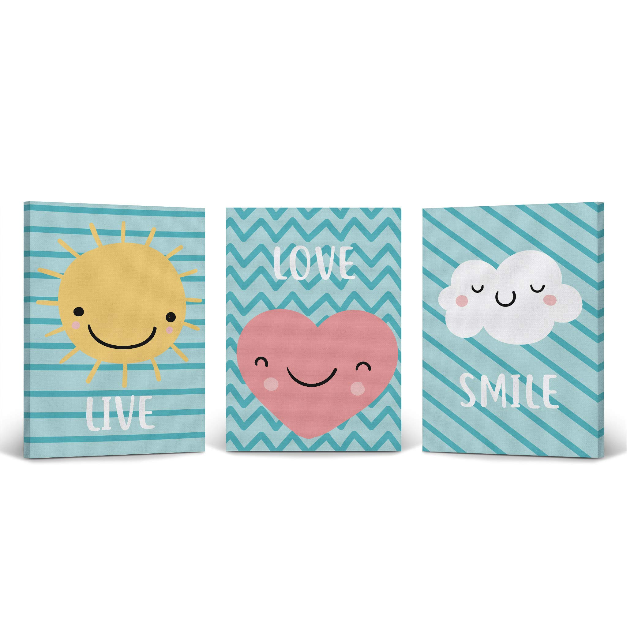 Smile Art Design Live Love Smile Lettering Blue Background 3 Piece Canvas Print Set - Kids Room Decor Wall Art for Baby Boy & Girl Nursery - Ready to Hang Made in USA (36x24 x3) - Perfect for Bedroom, Playroom & Nursery Decor