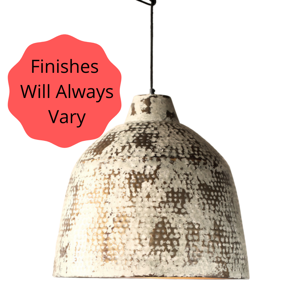Rustic White Hammered Metal Pendant Light - Kalalou NAT1019 Farmhouse Ceiling Fixture for Kitchen Island, Dining Room & Bedroom Lighting