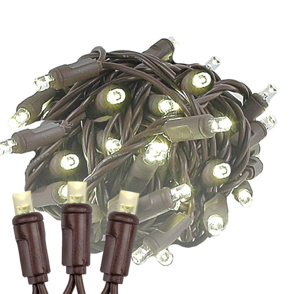 100-Light 50-Foot Brown Wire LED Christmas Lights - Warm White, 5mm Bulbs, UL Listed, Commercial Grade, Connectable up to 1050 Feet - Perfect for Outdoor Holiday Decorations, Tree Trimming, and Commercial Displays