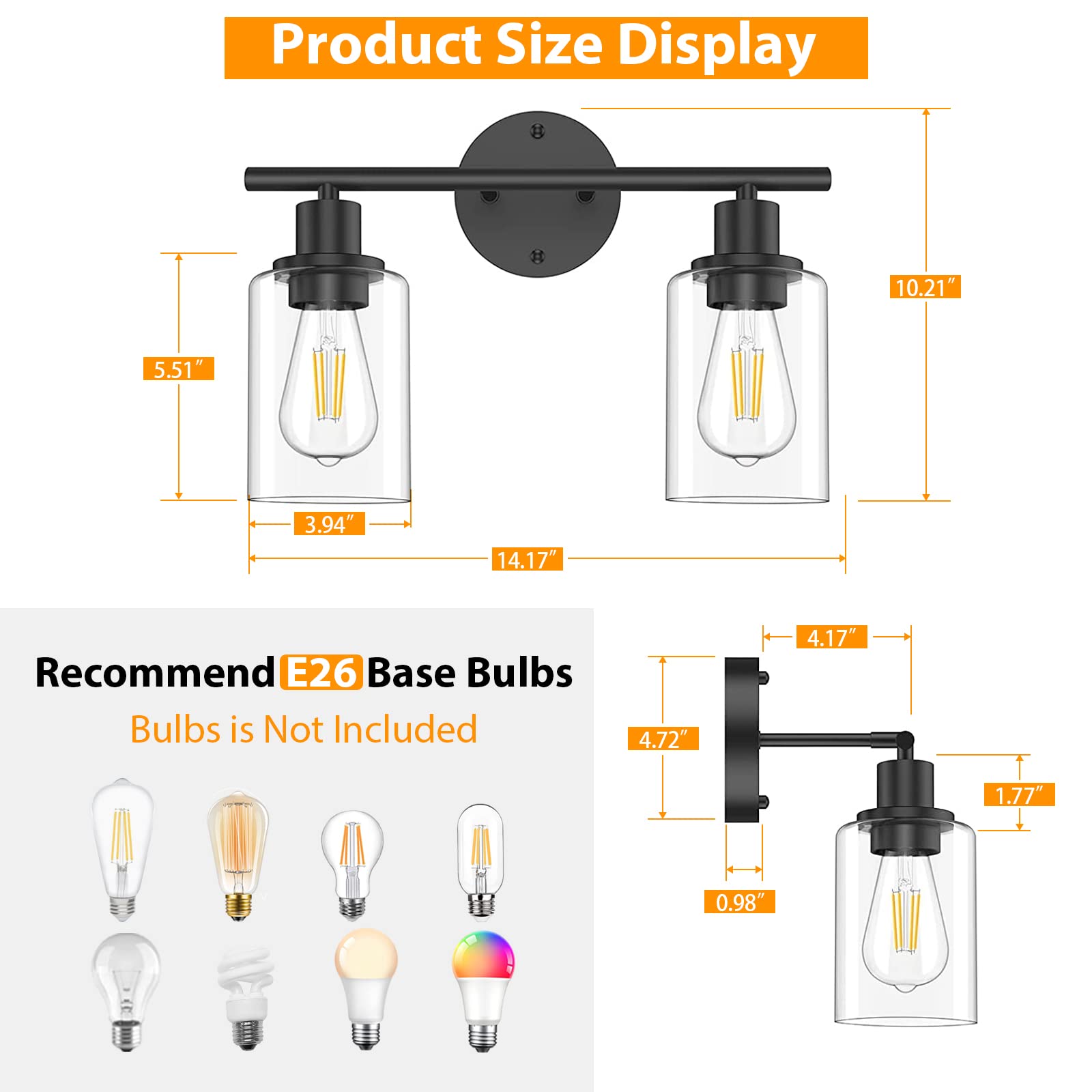 Licperron 2-Light Modern Black Bathroom Vanity Lighting with Clear Glass Shade - Industrial Wall Sconce for Mirror, Bedroom & Hallway - Perfect for Contemporary Home Decor and Ambient Lighting