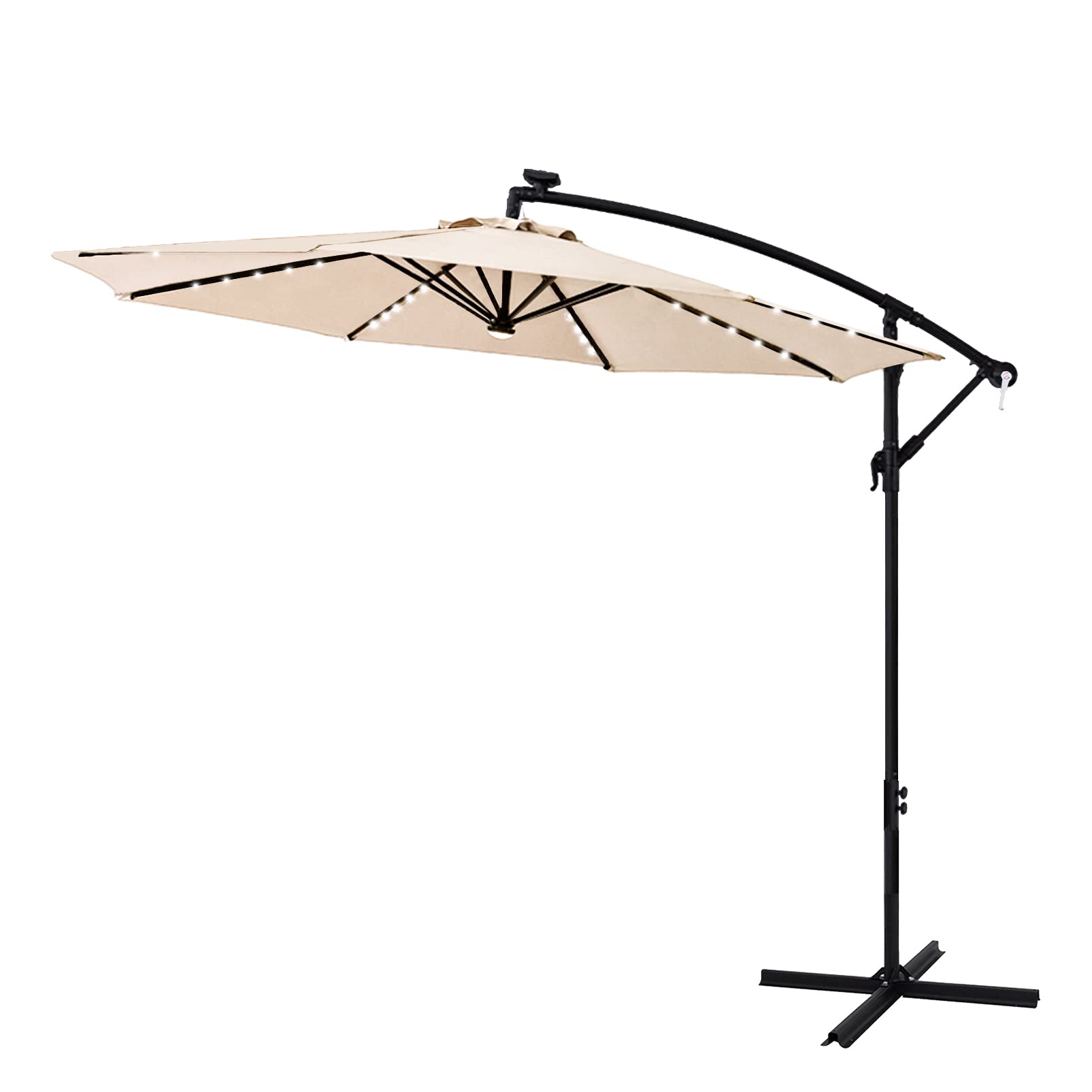10 ft Solar Powered Offset Cantilever Patio Umbrella with LED Lights - Waterproof Outdoor Market Umbrella with Heavy Duty Cross Base for Poolside, Garden, and Backyard Relaxation