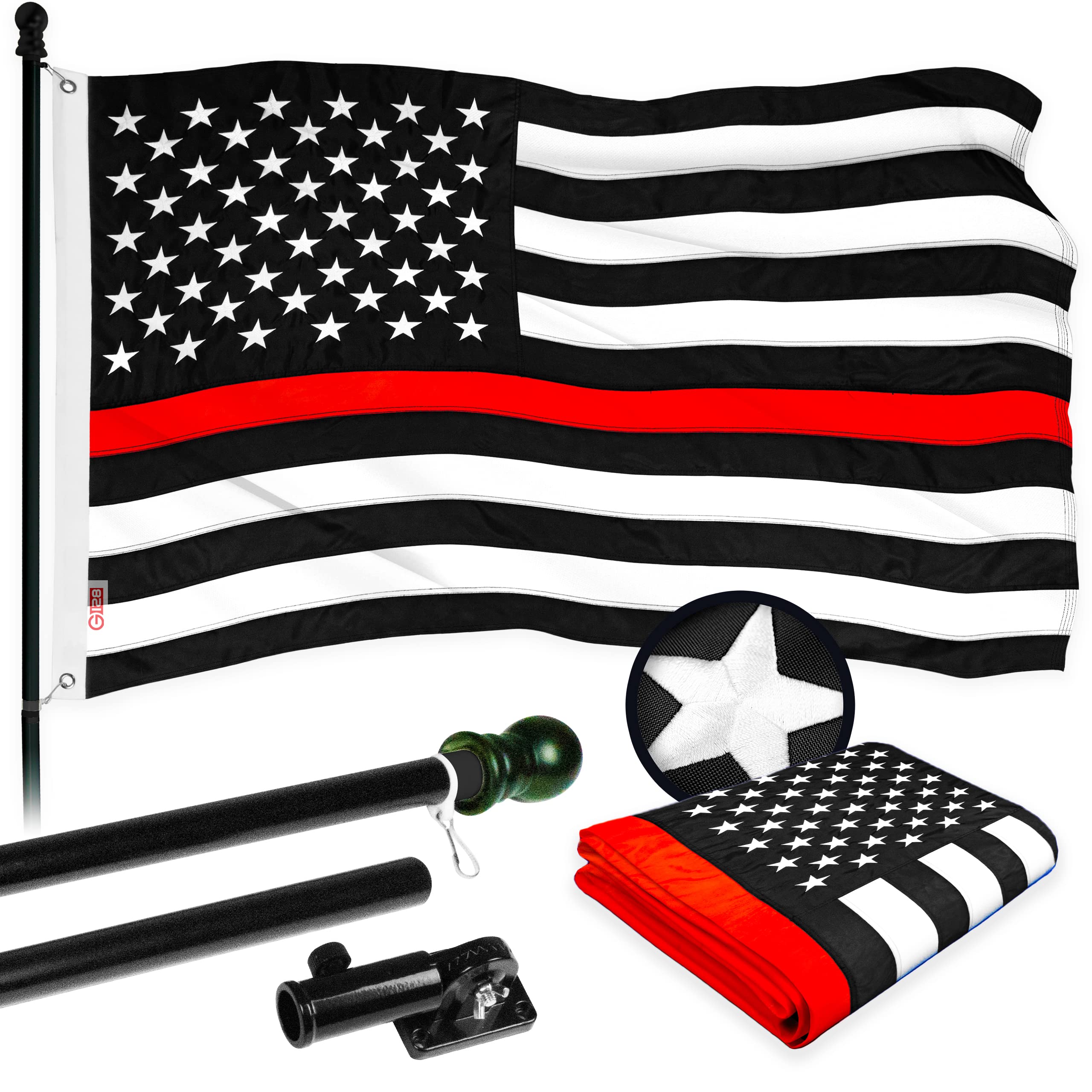 5ft Black Aluminum Spinning Flagpole with Thin Red Line Flag - 2x3ft Embroidered Flag with Brass Grommets Included - Perfect for Backyard, Memorial Displays & Patriotic Events