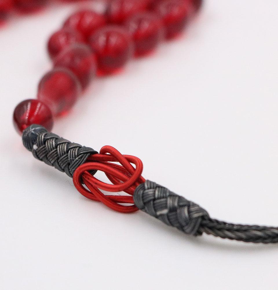 Premium Islamic Tasbih Prayer Beads - Genuine Amber & 925 Sterling Silver Kazaz Tassel - 33 Large Red Oval Beads for Muslim Prayer, Meditation & Spiritual Gift