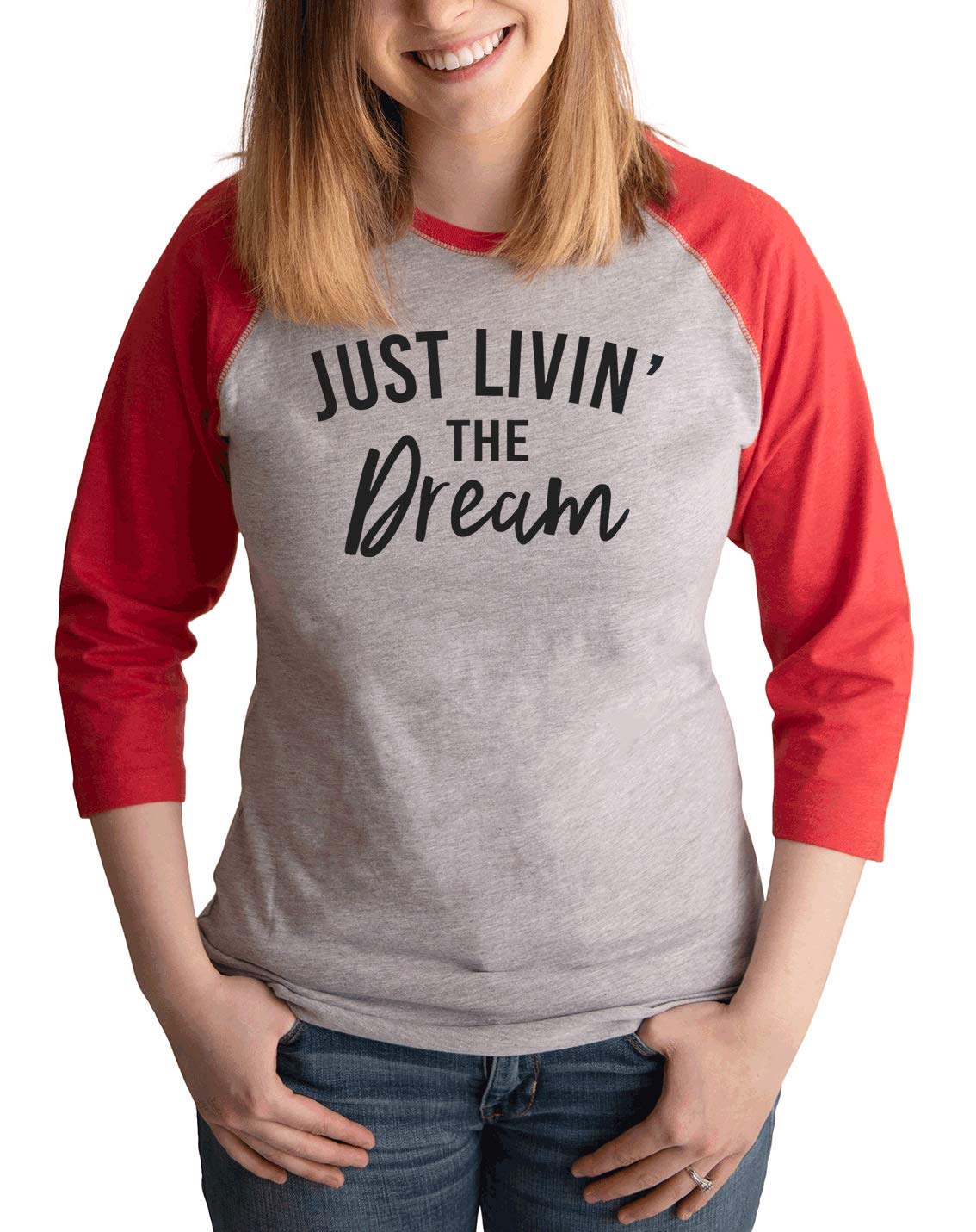 7 ate 9 Apparel Women's Livin The Dream Raglan Red T-Shirt - Comfortable Casual Tee for Everyday Wear, Gym, and Weekend Outings