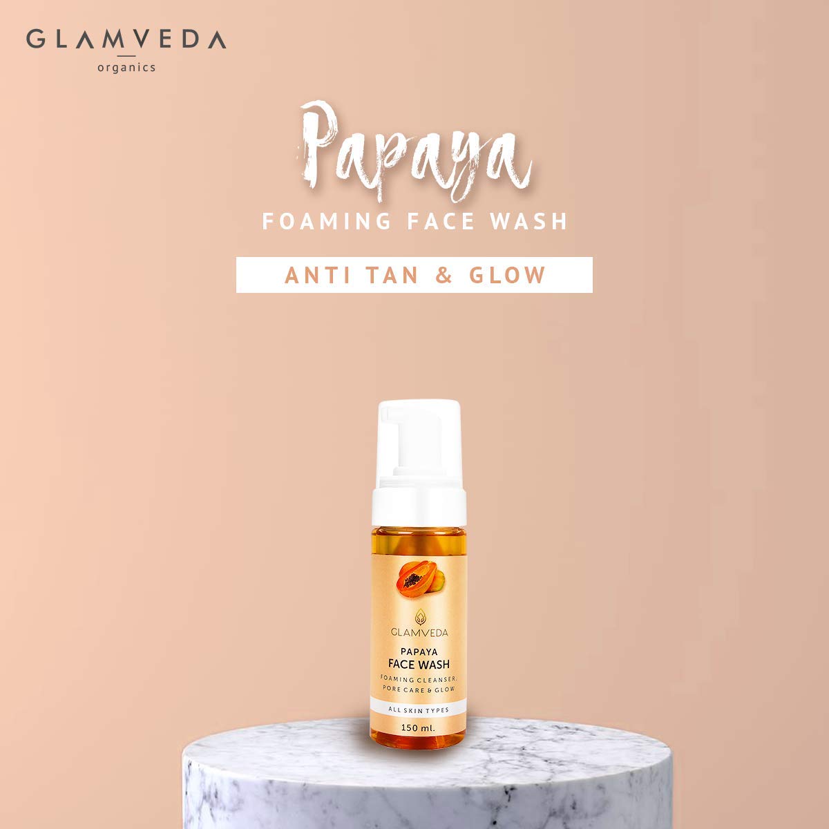 Papaya Anti-Tan & Glow Foaming Face Wash for Brightening & Tan Removal - 150ml | Orange Scent | Suitable for Daily Skincare & Sun-Damaged Skin