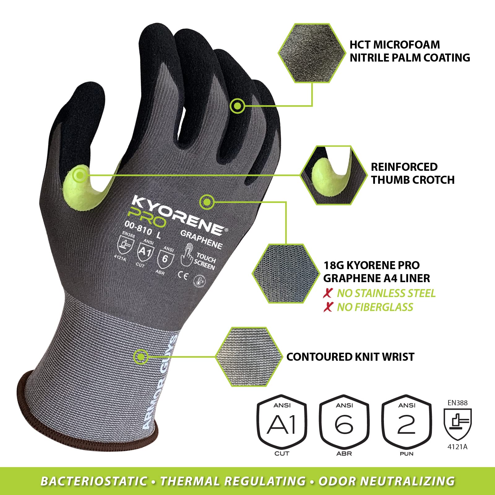 Kyorene Pro 00-810 Graphene Cut-Resistant Gloves - Durable Work Safety Gloves with Micro Foam Nitrile Coated Palm for Enhanced Grip, Size Large, 3-Pack - Ideal for Construction, Metalworking & Food Processing