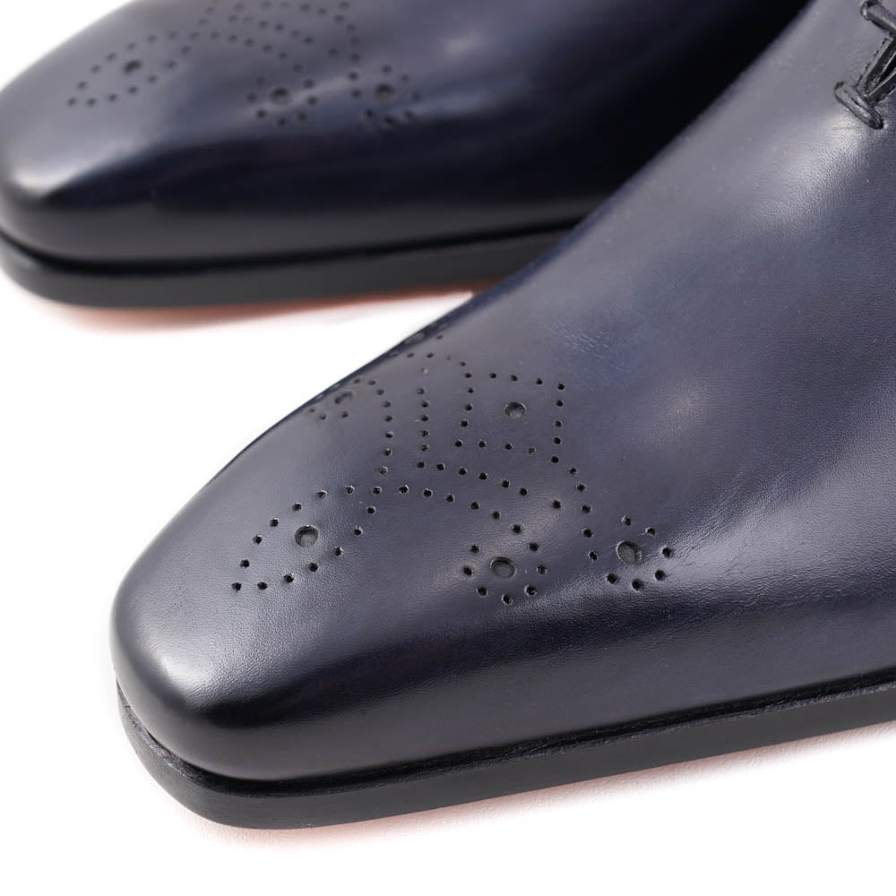 Santoni Navy Blue Medallion Tip Oxford Shoes - Premium Men's Dress Shoes for Business, Formal & Wedding Occasions