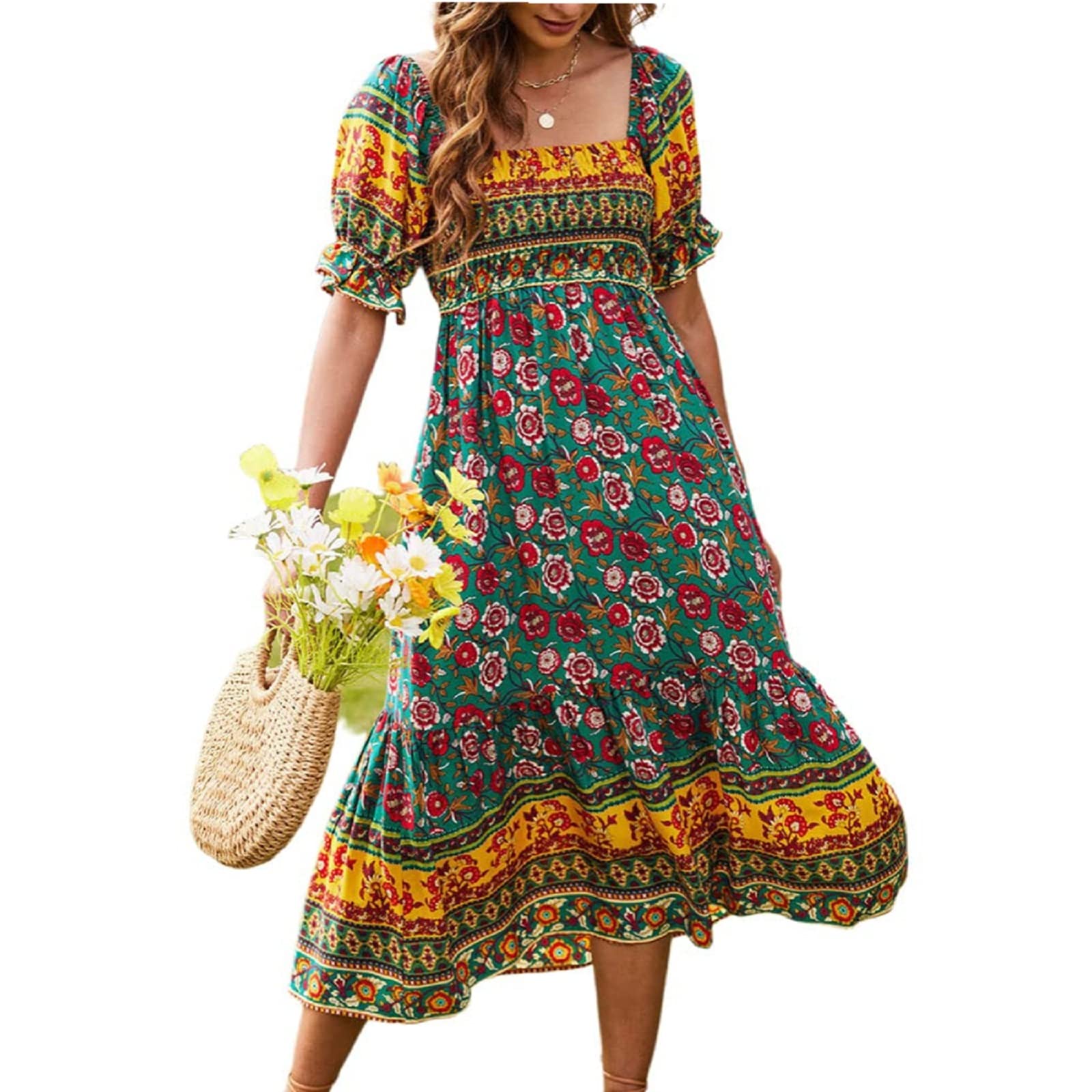 Women's Floral Puff Sleeve Maxi Dress - Bohemian V-Neck Tiered Long Sundress for Summer | Beach Wedding, Vacation, Date Night & Casual Outings