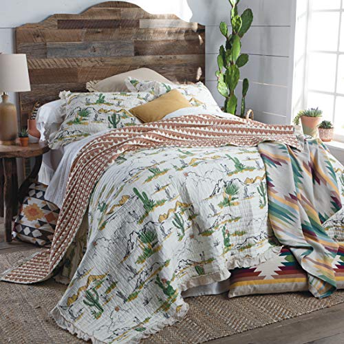 Rod's Western Twin Vintage Cactus Quilt - Gold & Green Mountain Desert Landscape Pattern | Southwestern Bedspread for Ranch, Cabin & Boho Home Decor
