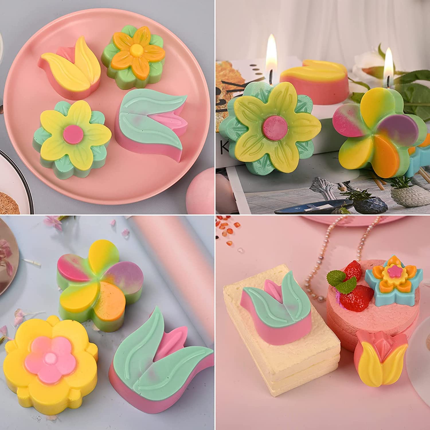 Premium 6-Cavity Silicone Flower Soap Mold Set - Non-Stick Tulip & Daisy Molds for DIY Soap, Candles, Chocolates, Resin Crafts - Perfect for Bath Bombs, Ice Cubes & Home Decor (6 Floral Designs)