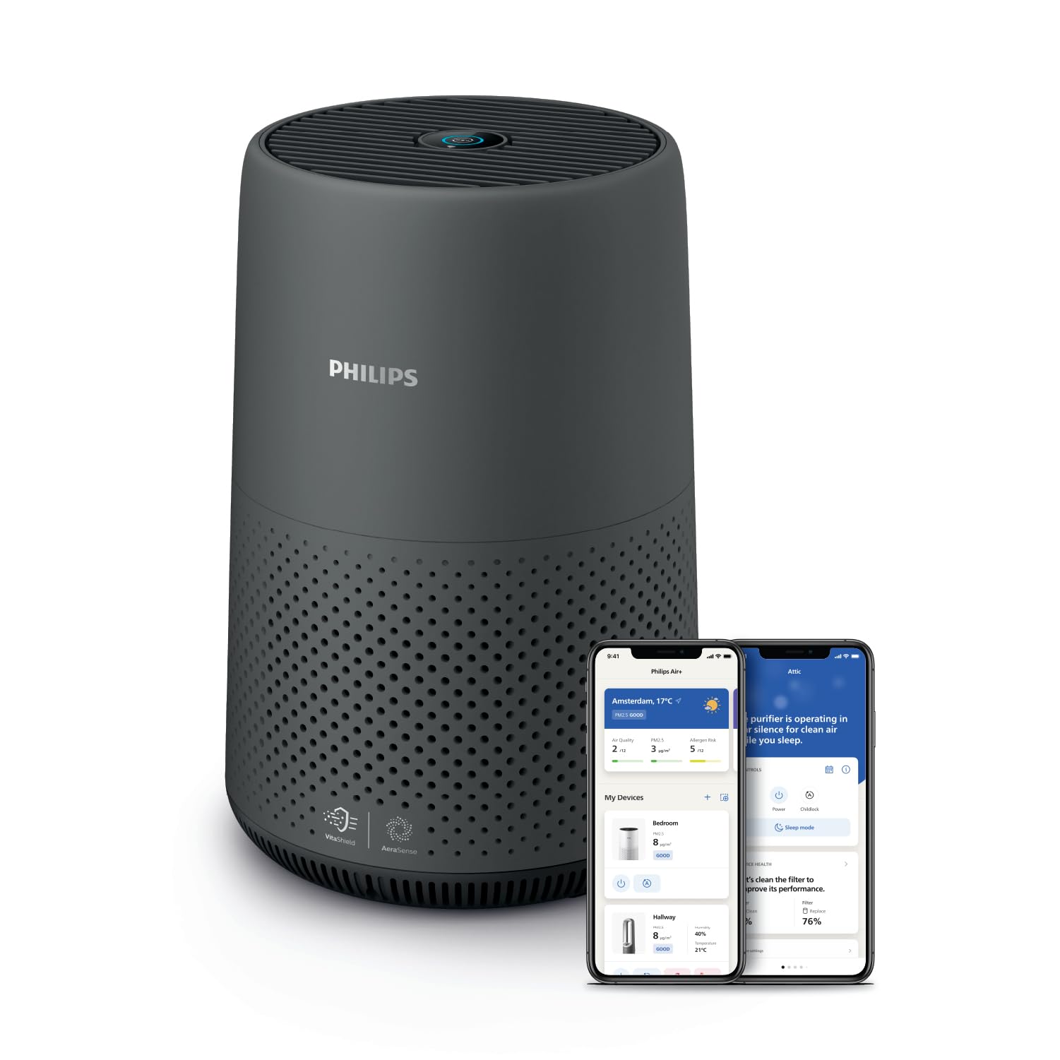 PHILIPS 800 Series Air Purifier for Large Rooms up to 698 sq ft - HEPA & Active Carbon Filter, 99.99% Allergen Removal, 93 CMF CADR - Smart Connected Air+ App Control - Ideal for Allergy Relief, Pet Owners & Asthma Sufferers - Model AC0850/41 in Dark Gray