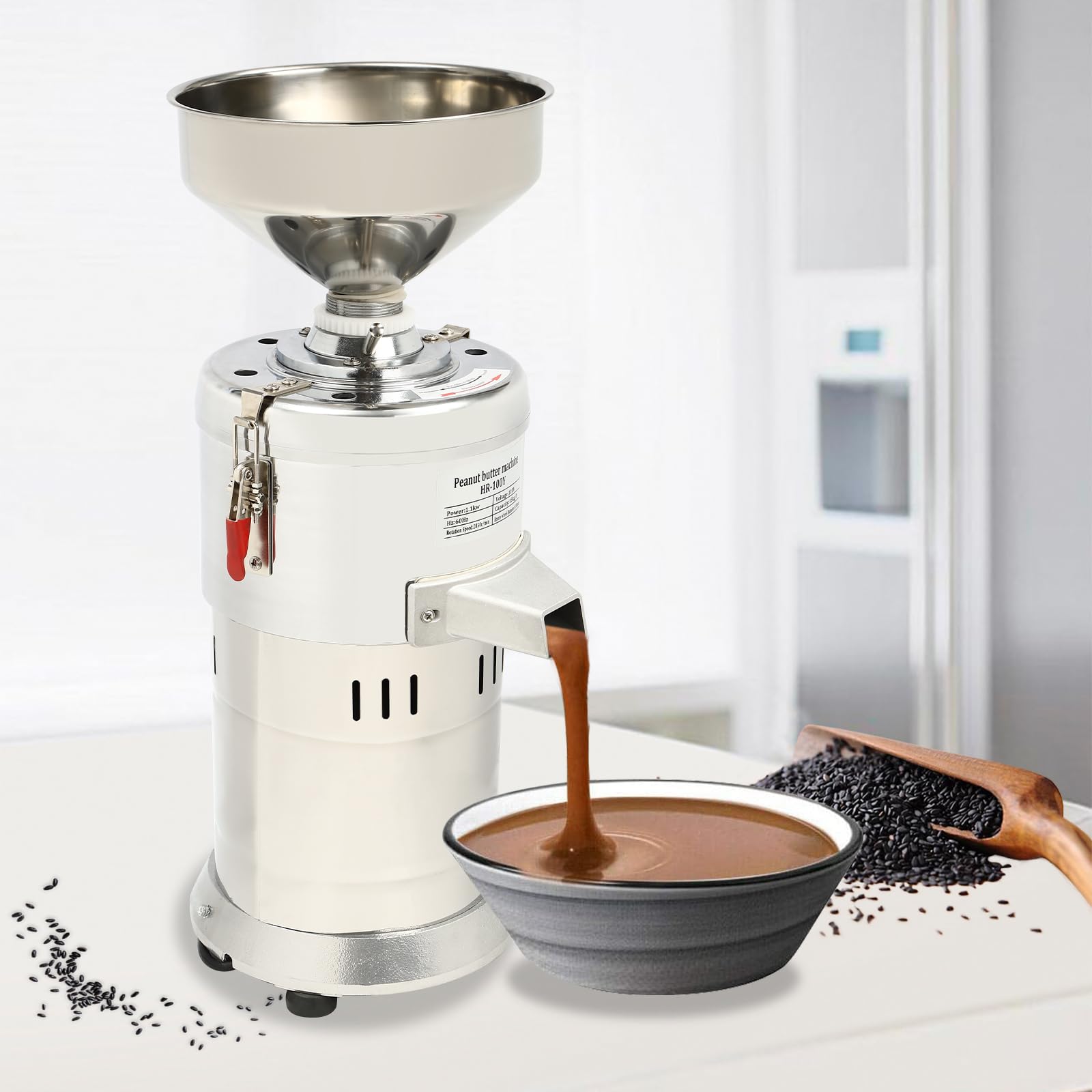 Commercial Peanut Butter Maker Machine 33LBS/H, 1100W Electric Grain Grinder for Almond Cashew Nut, Stainless Steel Sesame Grinding Machine for Home & Business Use - Perfect for Bakeries, Restaurants, and Healthy Snack Preparation