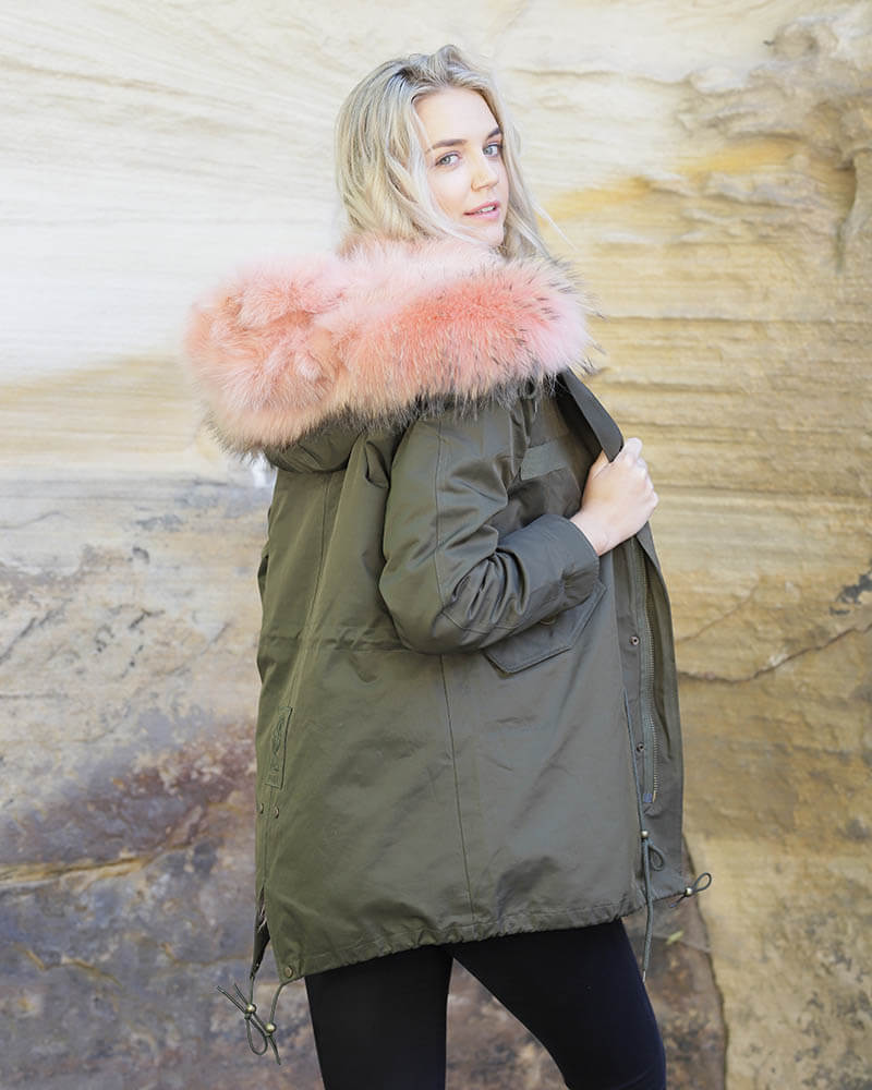 Stylish Green and Pink Parka Jacket for Women - Waterproof Winter Coat for Outdoor Activities, Hiking, and Casual Wear