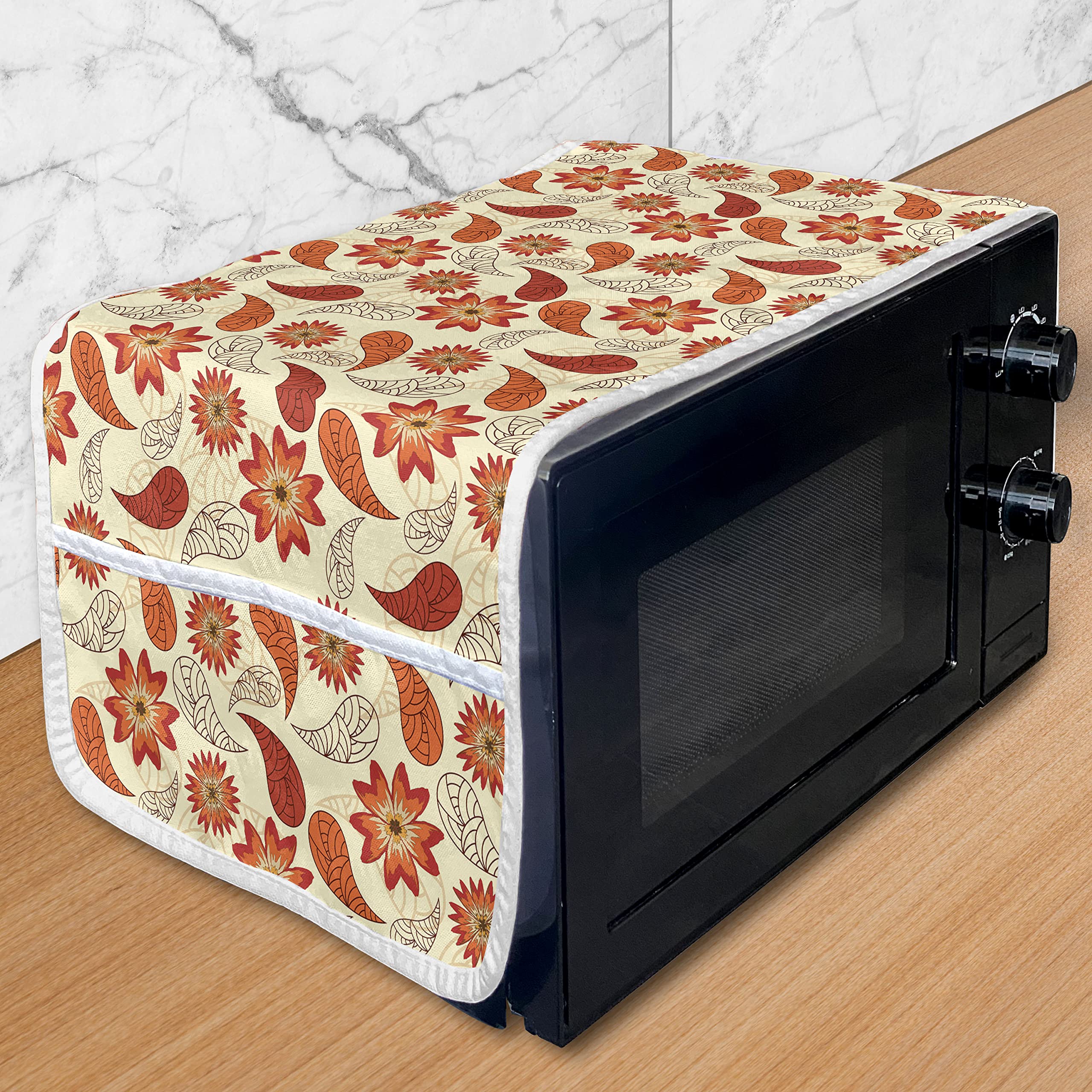 Ambesonne Orange Microwave Cover - Retro Red Poppy Flowers & Paisley Leaves Design, Waterproof Kitchen Organizer with Pockets, 36