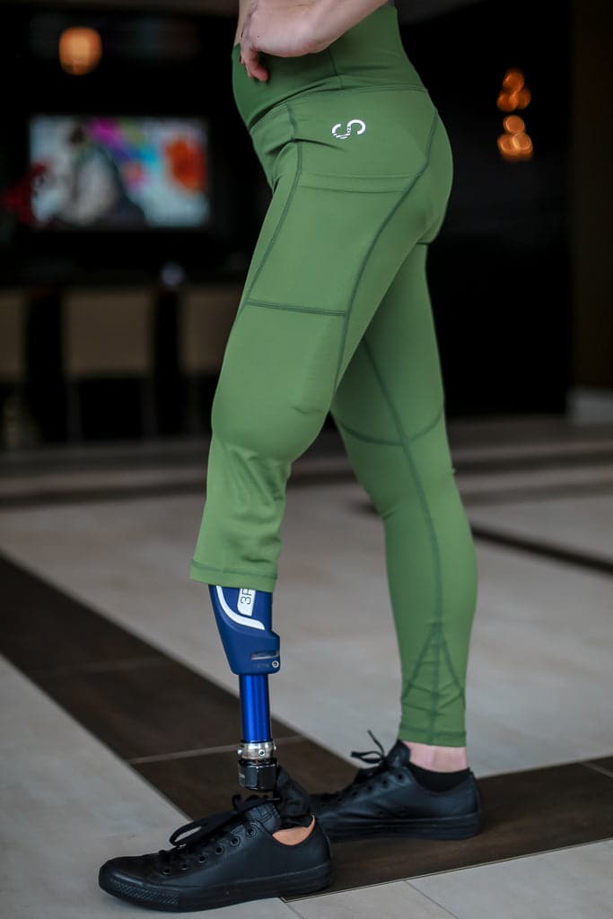 Amputee Leggings with Pockets - Below Knee Left Leg Compression Pants in Military Green | Adaptive Activewear for Amputees, Yoga, Running & Daily Wear