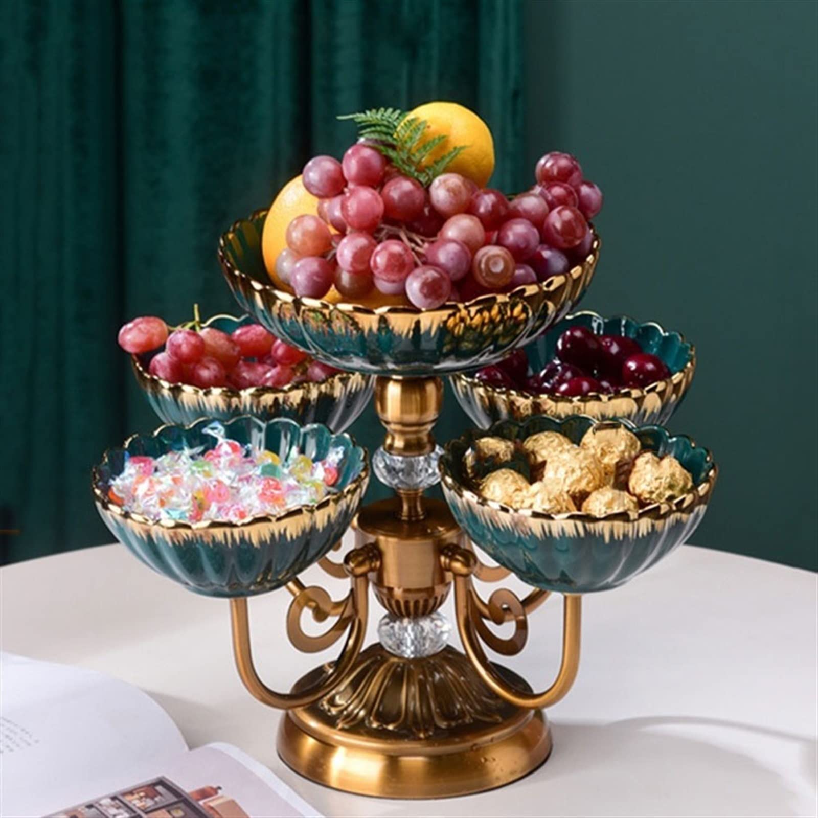 TOMYEUS Elegant Ceramic & Metal Multi-Layer Rotating Fruit Bowl - Large Capacity Snack Tray with Compartments for Fruits, Nuts, Candy Storage (Green) - Perfect for Kitchen Counter, Dining Table & Party Serving