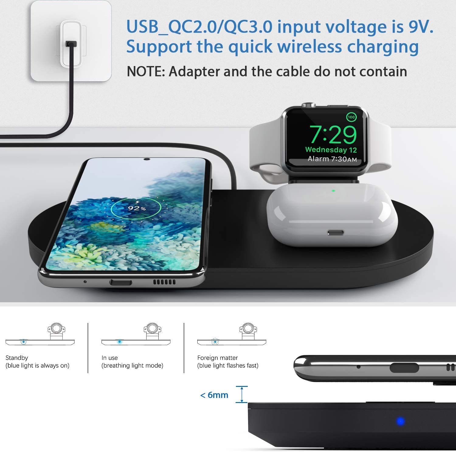 Seacosmo 3-in-1 Qi Certified Fast Wireless Charging Station - Compatible with iPhone 15/14/13, Samsung Galaxy S23/S22, AirPods 2/3 & Apple Watch (Cable Not Included) - Black | Bedside Nightstand Charger for Home & Office