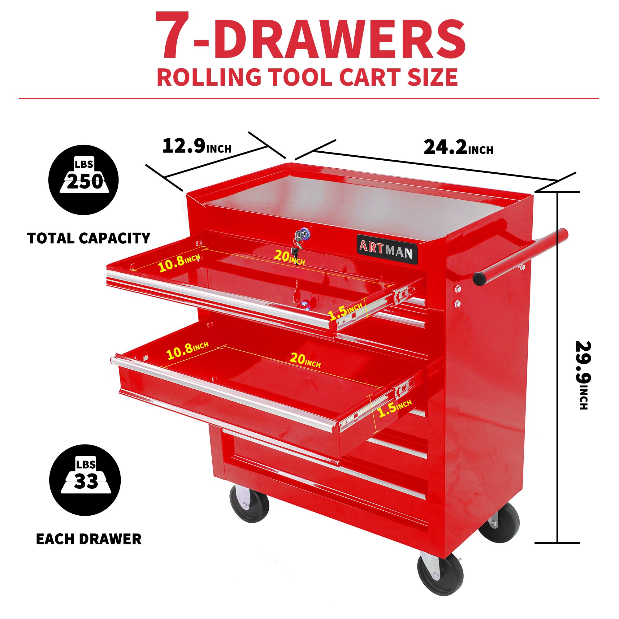 7-Drawer Rolling Tool Cart with Locking Wheels - 24.2