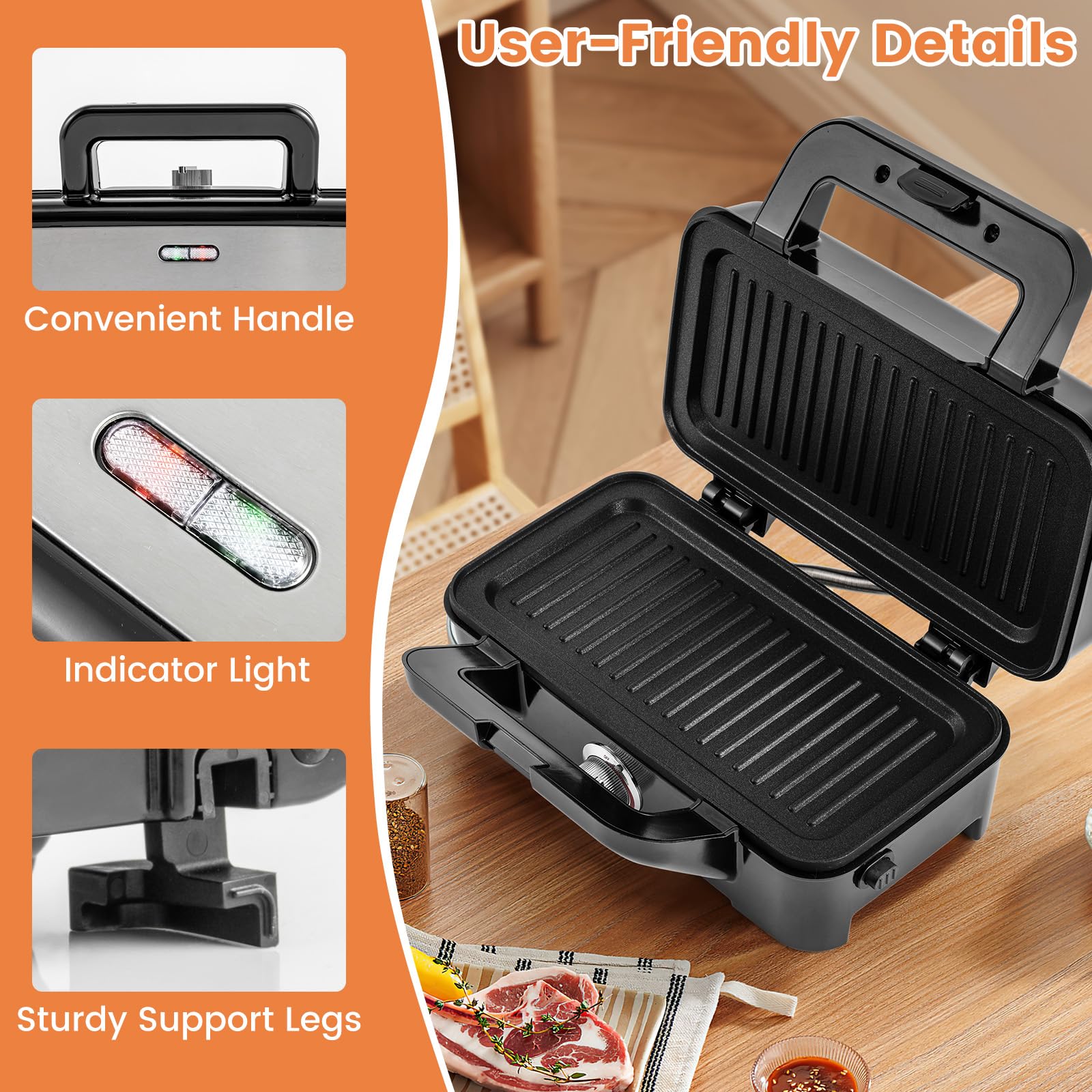 COSTWAY 3-in-1 Sandwich Maker & Waffle Iron, 1200W Electric Grill with 3 Interchangeable Non-Stick Plates, 5-Temperature Settings for Perfect Grilled Cheese, Panini Press & Breakfast Waffles - Ideal for Home, Office & Quick Meals