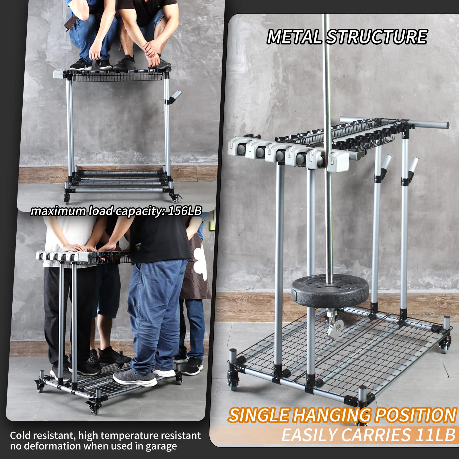 Heavy Duty Metal Garage Storage Holder - Large Long Lawn Tool Organizer Rack for Garden & Yard Tools | Sturdy Mobile Cart for Efficient Tool Storage & Organization | Perfect for Garage, Shed, or Outdoor Workspace