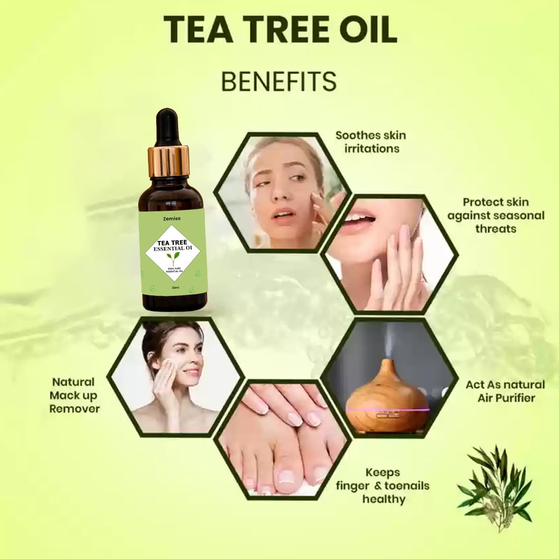 Zemiss 100% Pure Tea Tree Essential Oil for Skin, Hair & Acne Treatment - Natural Aromatherapy Oil for Clear Complexion & Soft Hair (3-Pack) - Perfect for DIY Beauty, Massage & Home Spa Relaxation