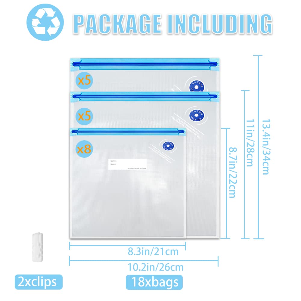 BPA-Free Reusable Vacuum Sealer Bags - 18pcs Sous Vide Cooking Bags (3 Sizes) for Food Storage & Meal Prep | Compatible with Anova & Joule Cookers + 2 Sealing Clips | Perfect for Home Kitchens, Camping & Sous Vide Cooking
