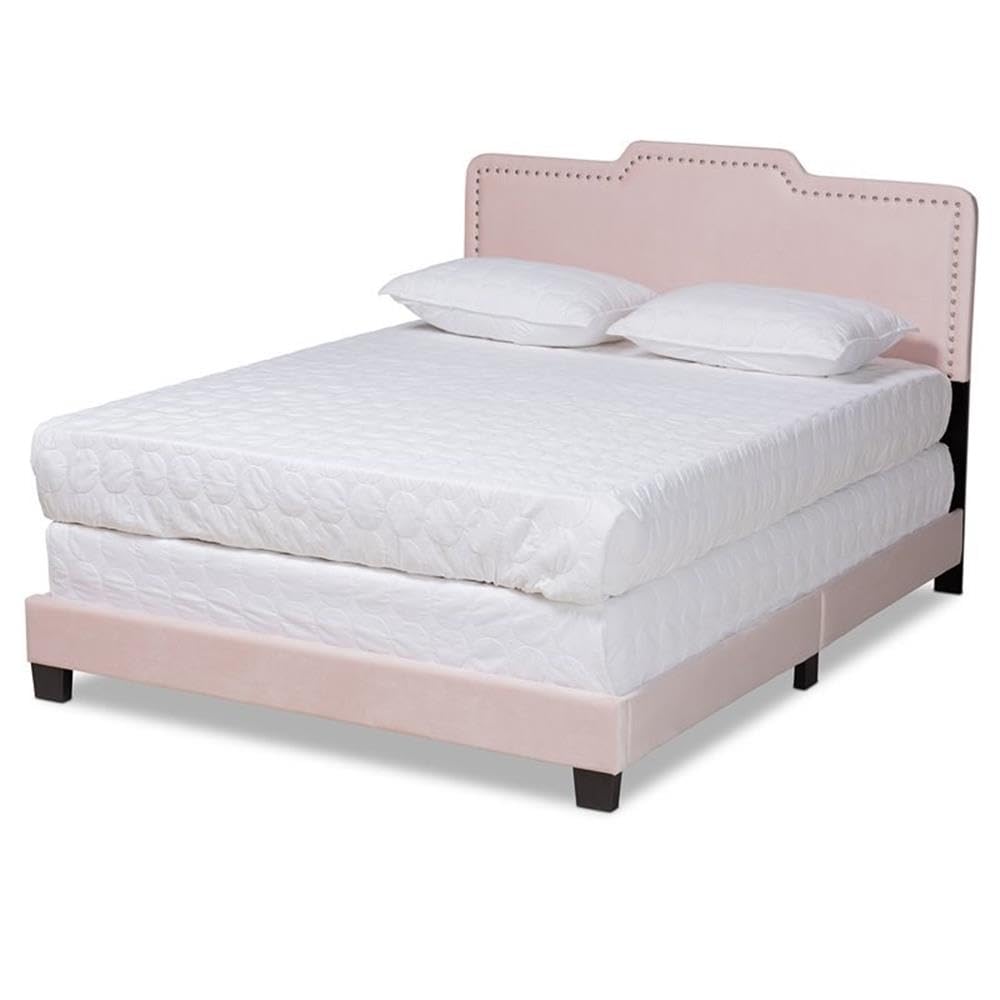 BOWERY HILL Light Pink Upholstered Queen Size Panel Bed Frame - Soft Pink Fabric Headboard for Bedroom, Girls Room & Guest Room Decor