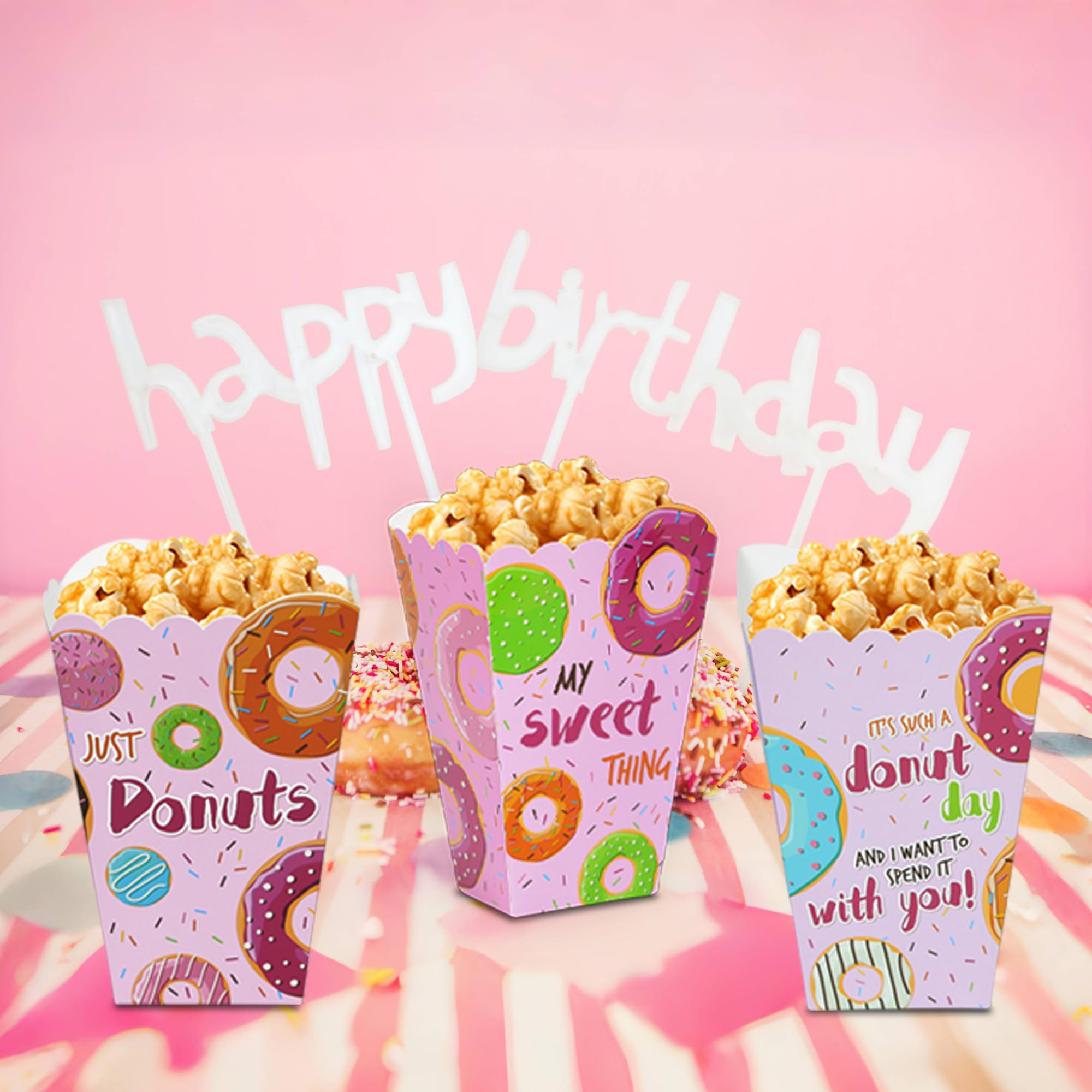20-Pack Donut Popcorn Boxes for Birthday Parties - Themed Dessert Gift Boxes for Donut Lover Celebrations - Perfect for Birthday Favors, Movie Nights & Sweet Treat Displays