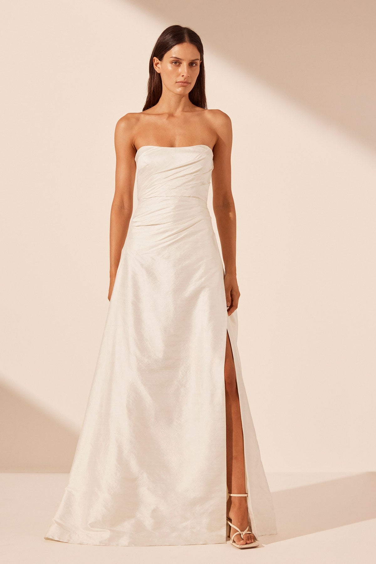 LA LUNE LUCERO Silk Draped Corset Split Gown - Ivory Elegant Evening Dress for Prom, Wedding & Special Occasions