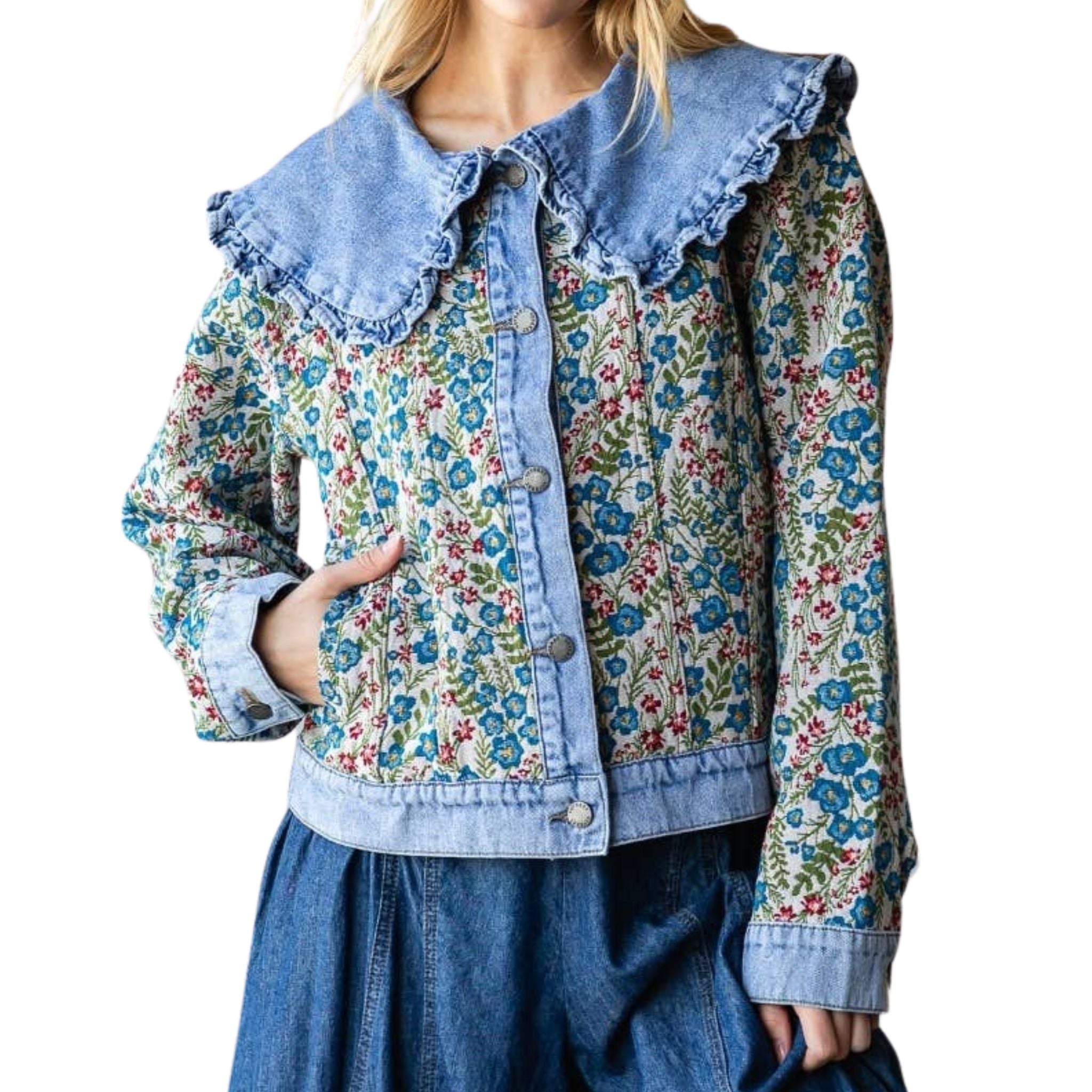 Vintage Jacquard Ruffle Collar Denim Jacket for Women - Retro Fashion Denim Coat with Embroidered Details - Perfect for Casual Outfits, Date Nights & Fall Layering