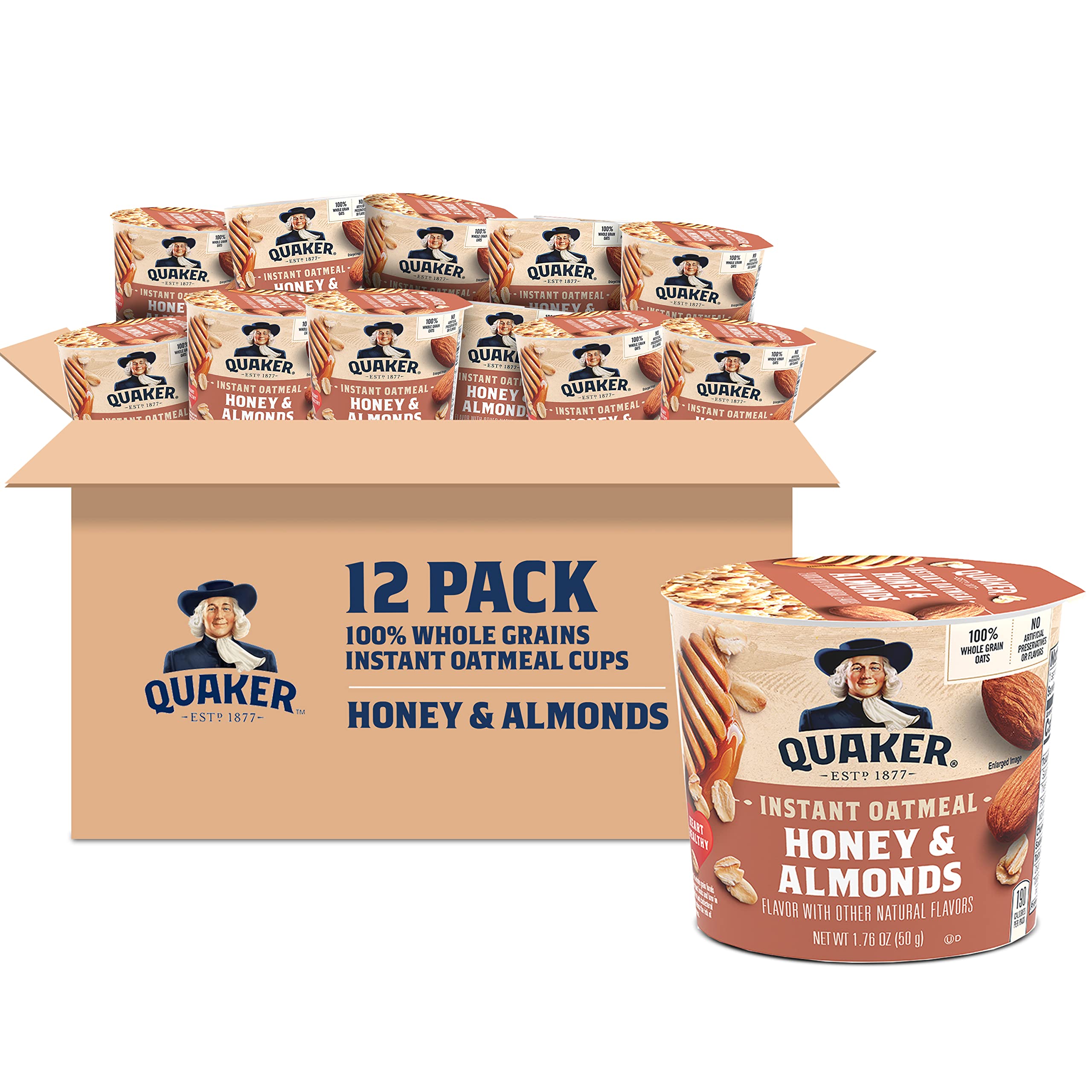 Quaker Instant Oatmeal Express Cups - Honey & Almonds Flavor, 12 Pack (1.76oz Each) | Quick Breakfast for Busy Mornings, Office Snacks & Healthy On-The-Go Meals