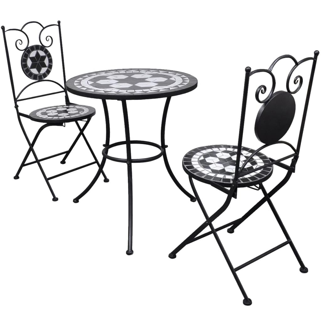 vidaXL 3-Piece Bistro Set with Round Table & Folding Chairs - Black & White Ceramic Tile Patio Furniture for Outdoor Garden, Balcony, or Poolside Dining