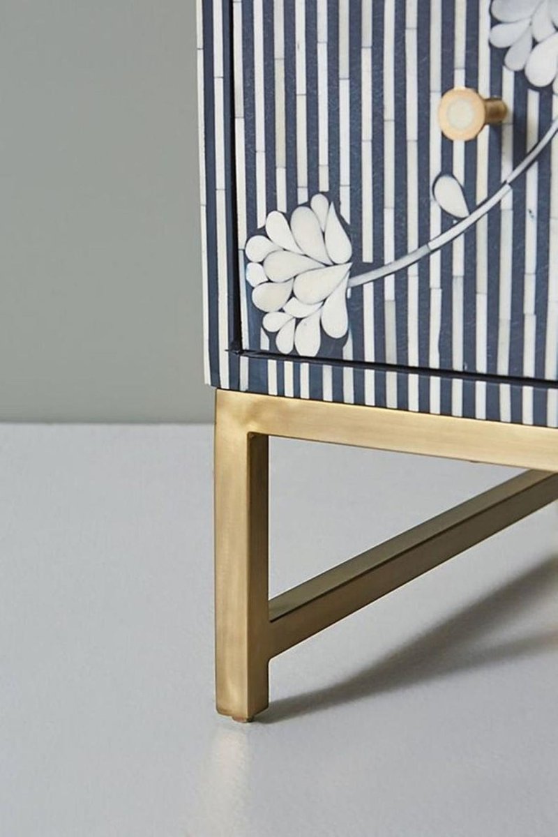 Handmade Bone Inlay Dresser with Floral Design - 3 Drawer Navy Blue Chest with Brass Stand - Perfect for Bedroom, Living Room & Home Decor Storage