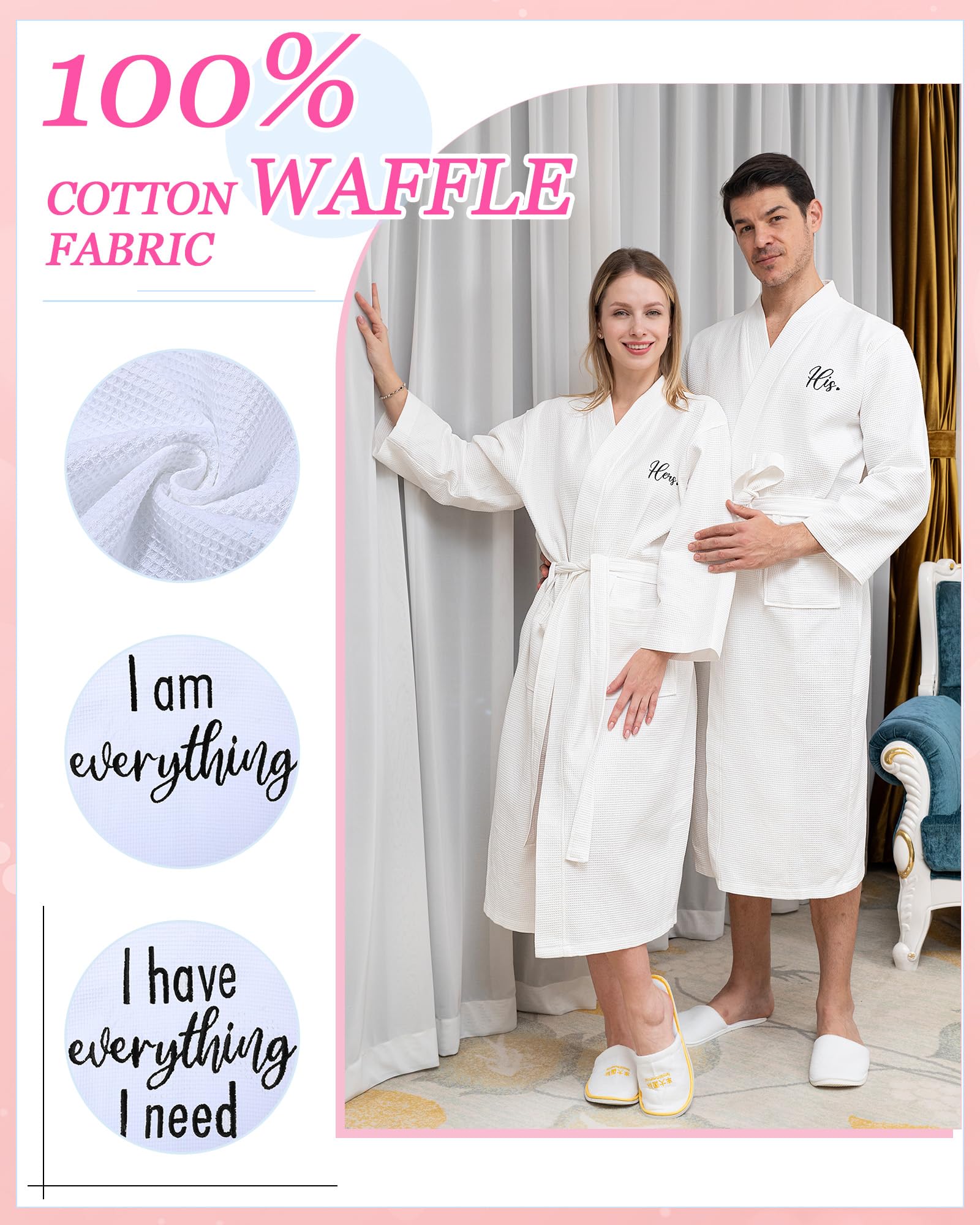 His and Hers Matching Robes Set - 2 Pack Cotton Waffle Kimono with Embroidered Design - Perfect Couple Gift for Anniversary, Wedding, Bridal Party & Romantic Getaways
