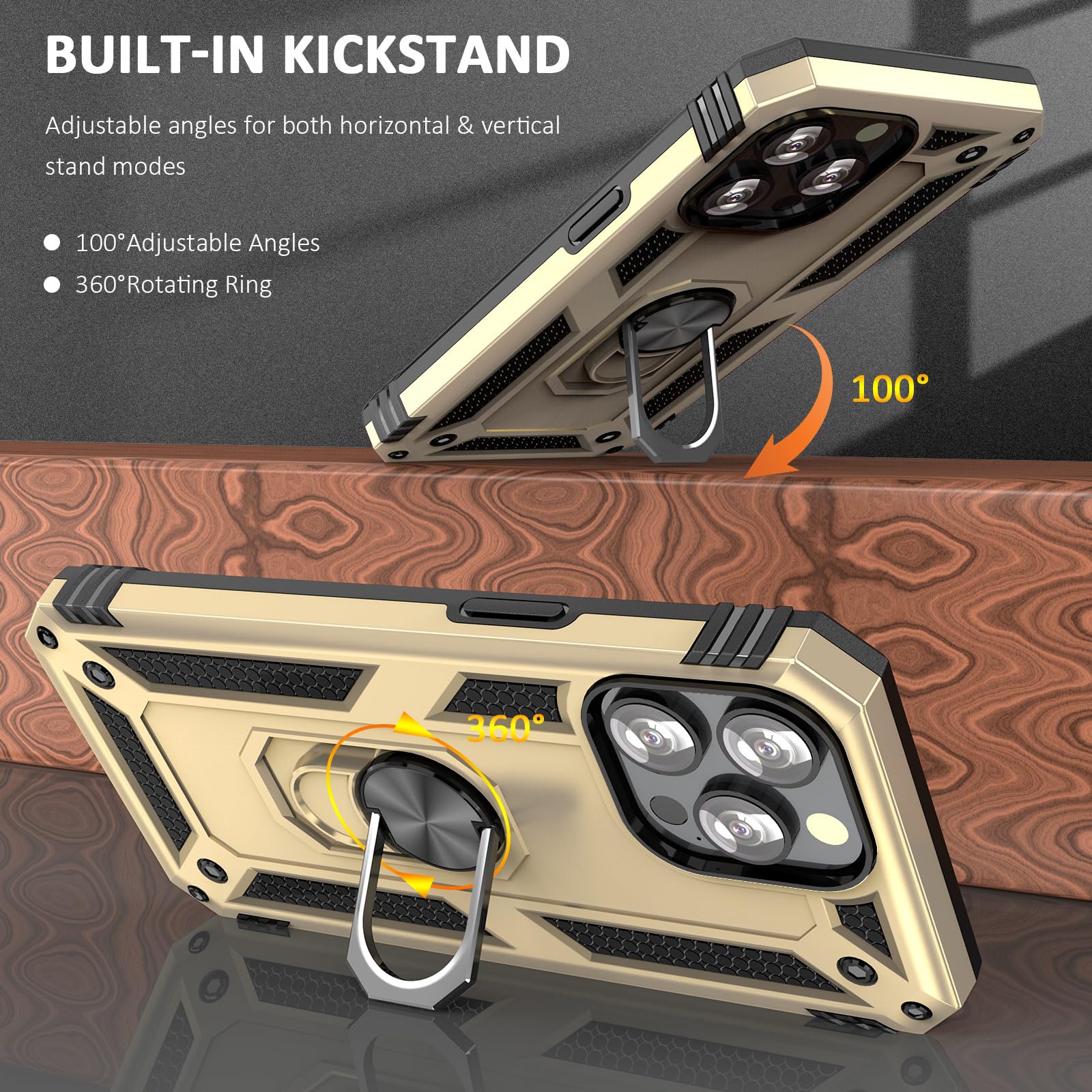 Military Grade Shockproof iPhone 12/12 Pro Case with Ring Stand & Kickstand - 6.1 Inch Protective Cover, Anti-Scratch Bumper for iPhone 12 & 12 Pro (Gold) | Perfect for Car Mounting, Hands-Free Viewing & Outdoor Activities