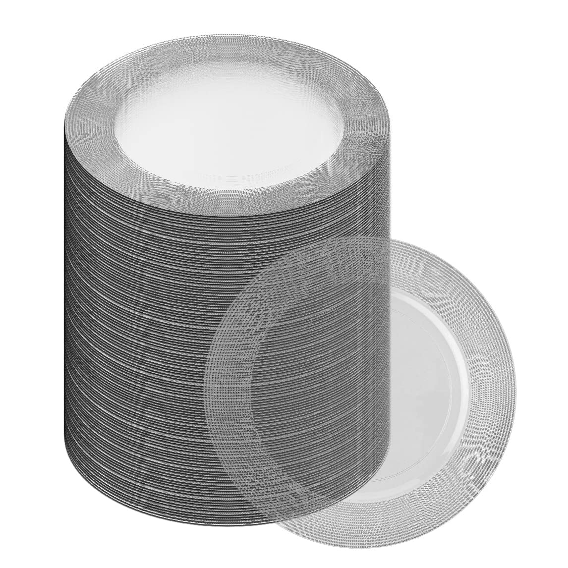 13 Inch Disposable Heavy Duty Plastic Charger Plates [96 Pack] - Clear with Silver Rope Textured Rim for Weddings & Formal Events | Durable Dinner Chargers for Banquets, Catering & Upscale Dining