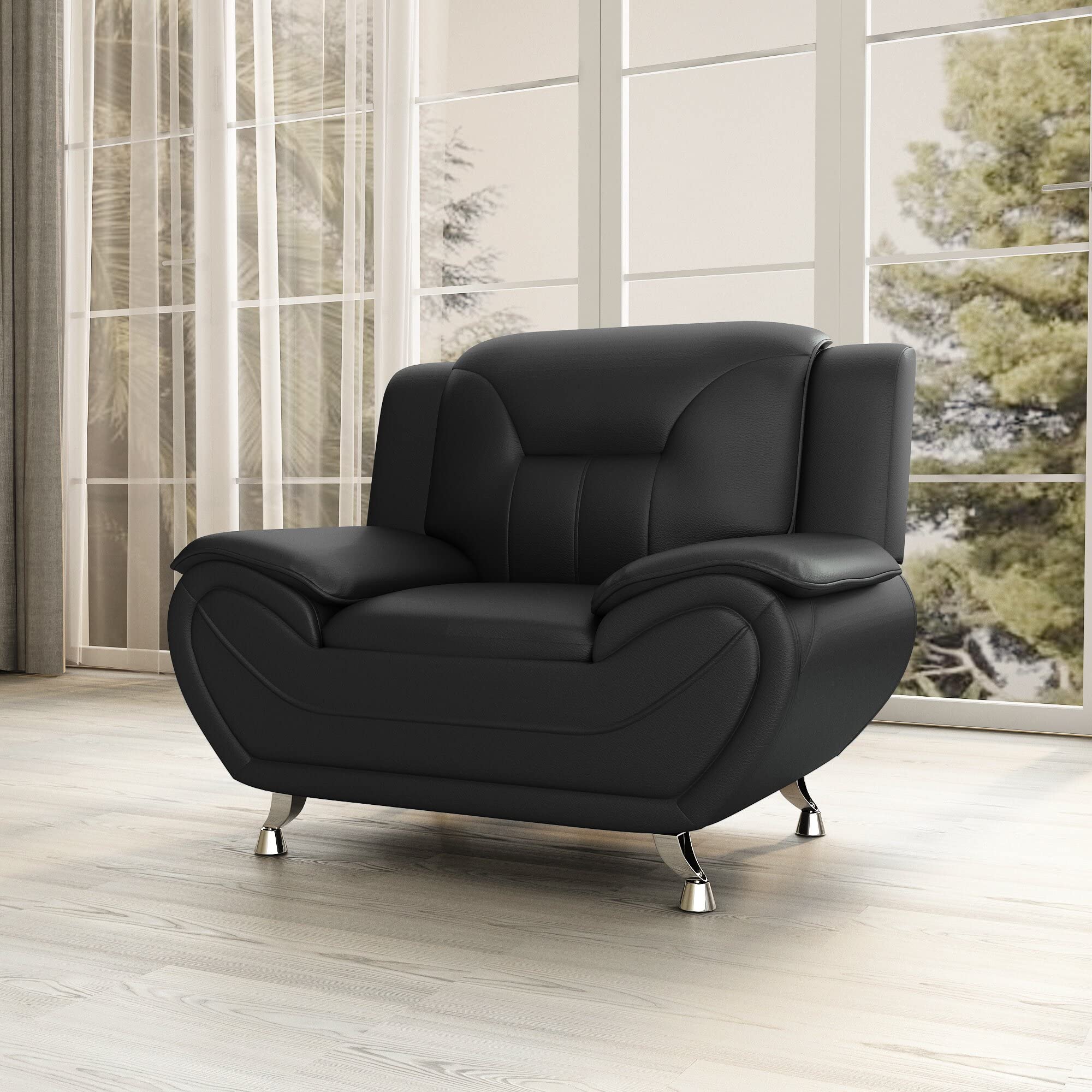 Michael Modern Faux Leather Upholstered Stainless Steel Legs Accent Chair - Midnight Black - Stylish Living Room Seating for Home Office & Lounge
