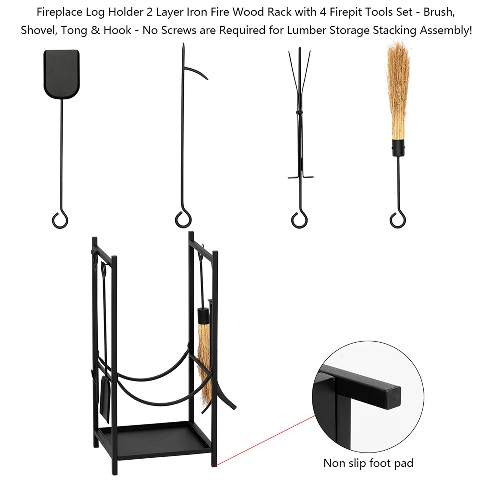33 Inch Black Wrought Iron Firewood Log Rack - Indoor/Outdoor Fireplace Wood Holder with 4 Fireside Tools - Perfect for Patio, Deck, Backyard & Hearth Storage
