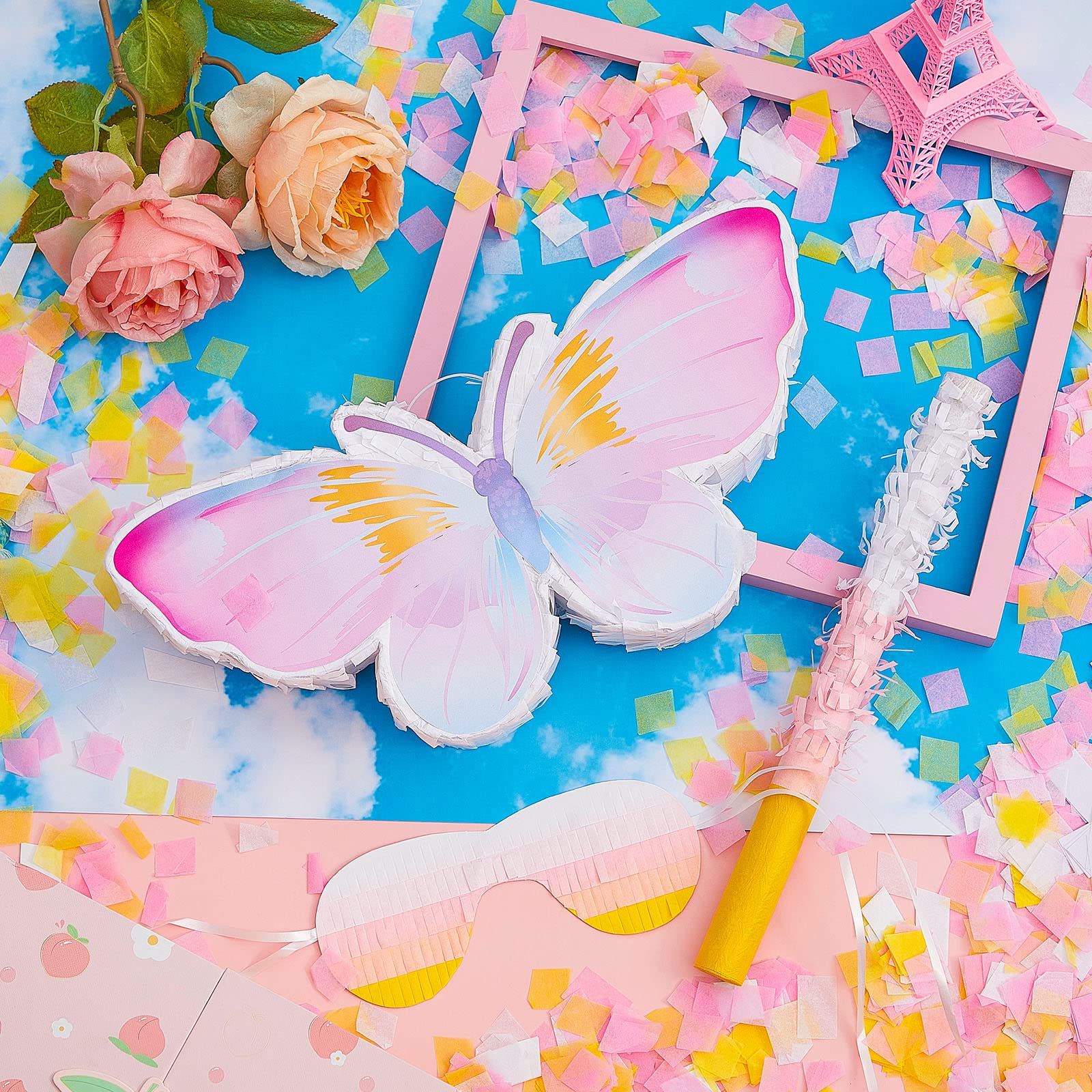 Butterfly Piñata Decorations with Stick, Blindfold & Confetti - Birthday Party Supplies for Fairy Woodland Theme, Photo Prop & Anniversary Decor - Perfect for Kids' Parties, Baby Showers & Gender Reveals