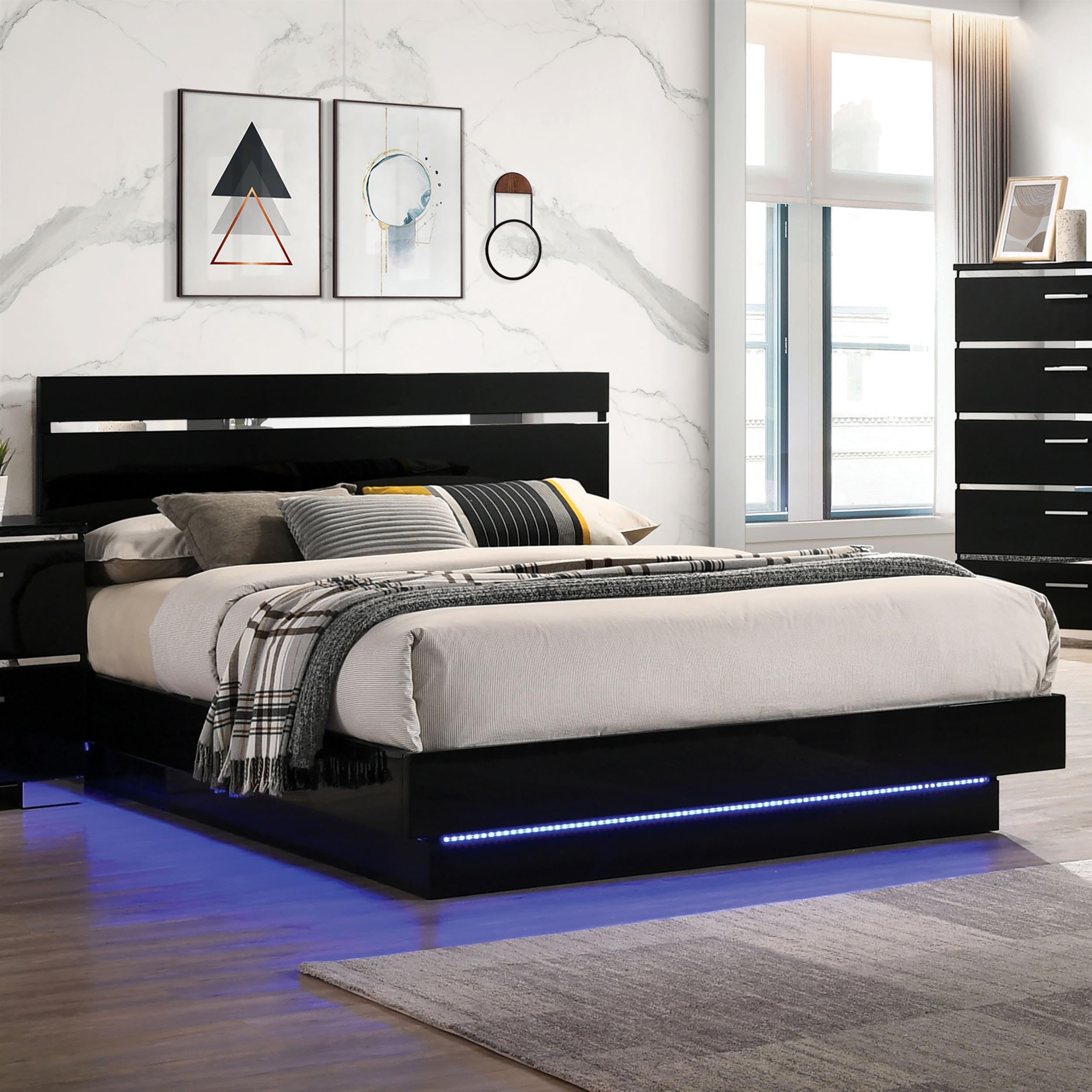 Furniture of America Malva Solid Wood Queen Bed with LED Lights - Modern Black Wooden Bed Frame for Bedroom, Home Decor & Nighttime Ambience