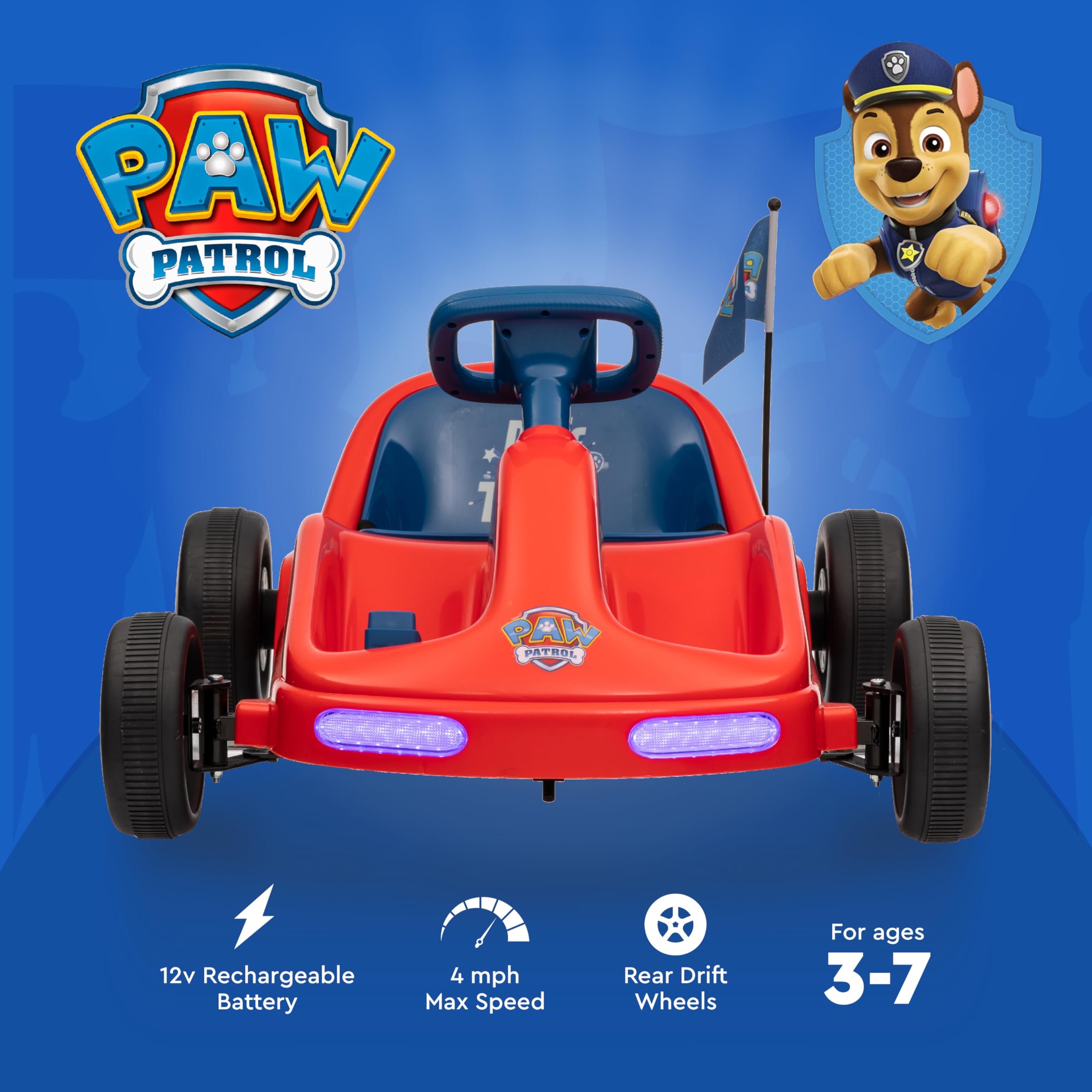 Paw Patrol 12V Kids Electric Go Kart Ride-On Toy with LED Lights & Safety Seat Belt | Durable PVC & Iron Construction | Rechargeable Battery for Ages 3-6 | Perfect for Indoor & Outdoor Play | Birthday Gift & Backyard Fun