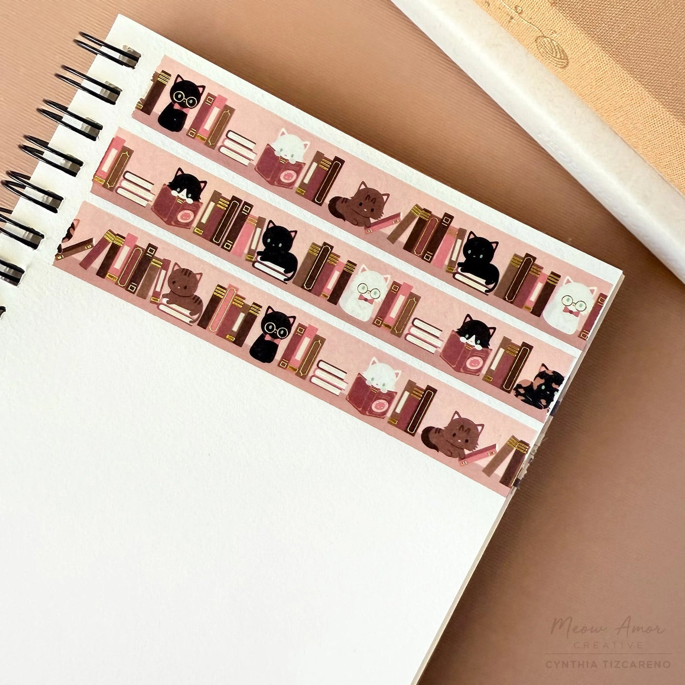 Blush Book Cats Gold Foil Washi Tape - Decorative Japanese Paper Tape for Scrapbooking, Journaling, DIY Crafts & Gift Wrapping
