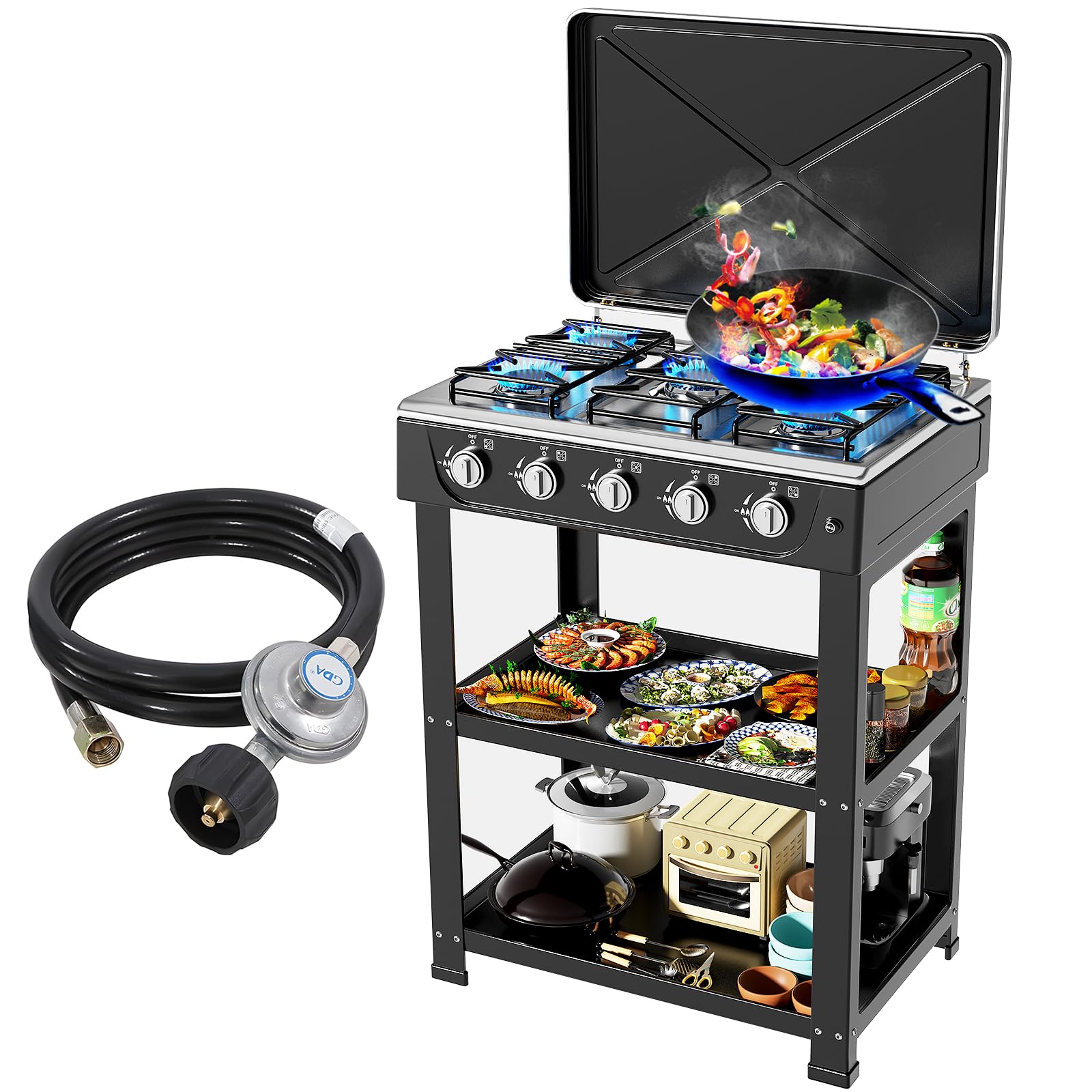 **5-Burner Propane Gas Stove with Auto Ignition - Portable Camping Stove with Wind Blocking Cover & Support Leg Stand - Ideal for RV, Apartment, Outdoor Cooking, Picnics & Backpacking**