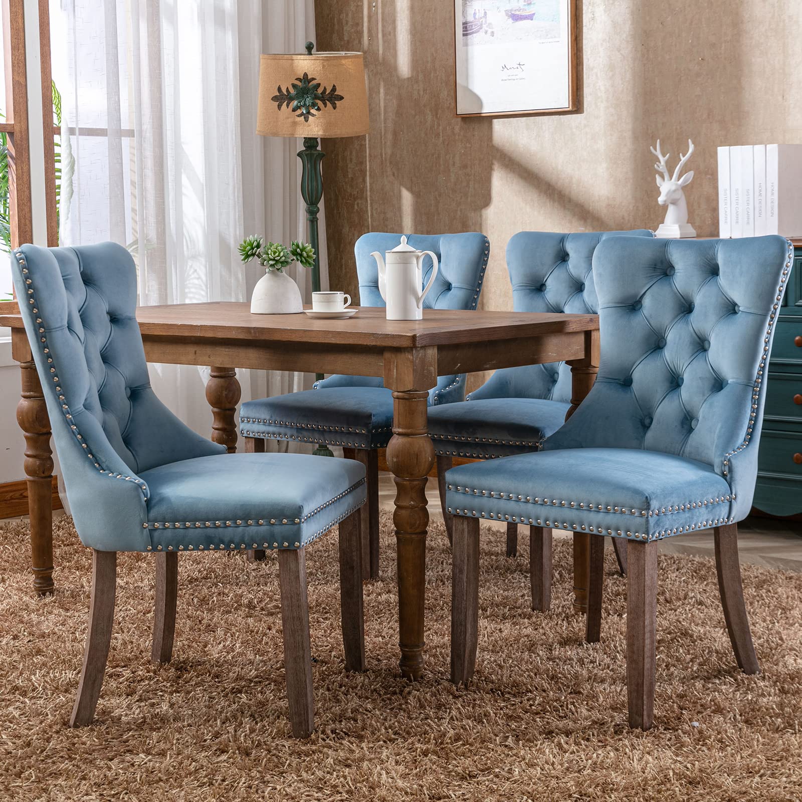 Luxury Blue Velvet Dining Chairs Set of 2 - Tufted Upholstered Kitchen & Dining Room Chairs with Solid Wood Frame - Elegant Light Blue Velvet Seating for Home, Restaurant or Wedding (2 Pieces)