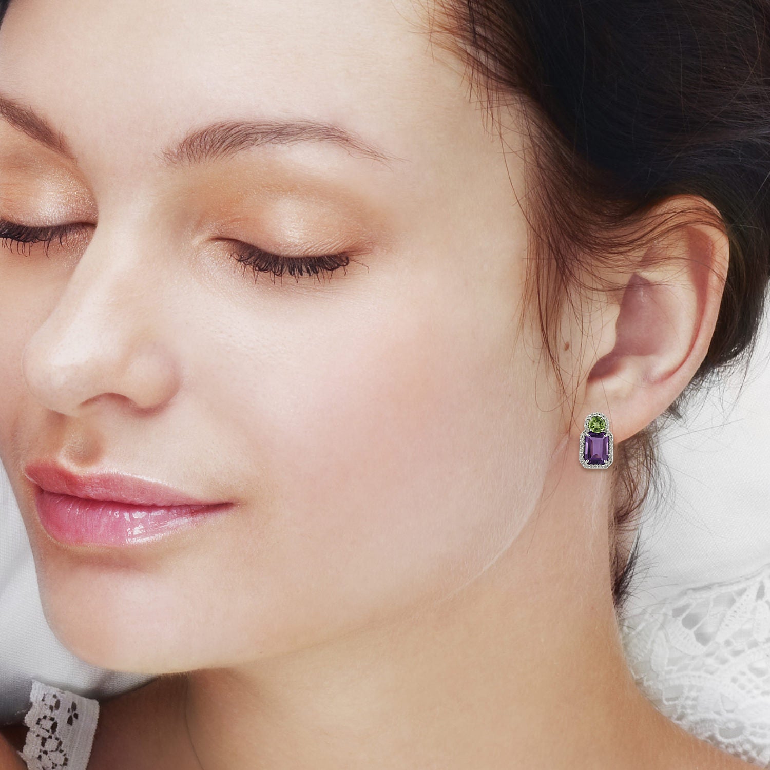 Exquisite Baguette Cut Amethyst & Round Cut Peridot Pave Diamond Stud Earrings in 14K White Gold | Elegant Dangle Earrings for Women | Perfect for Weddings, Parties & Special Occasions