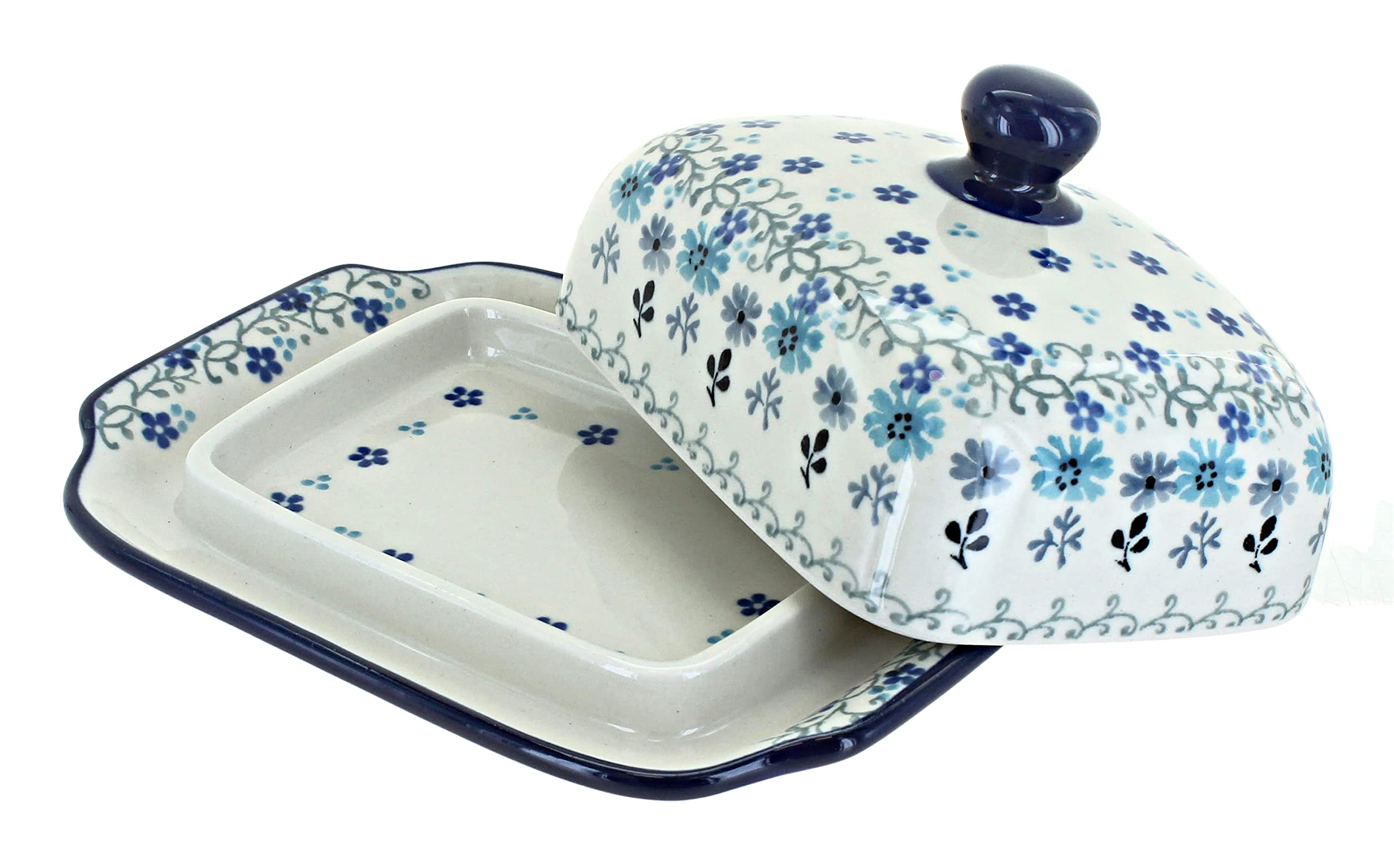 Handmade Blue Rose Polish Pottery Celeste Butter Dish - Vintage Ceramic Butter Keeper with Lid - Perfect for Kitchen, Dining Table & Gift Giving