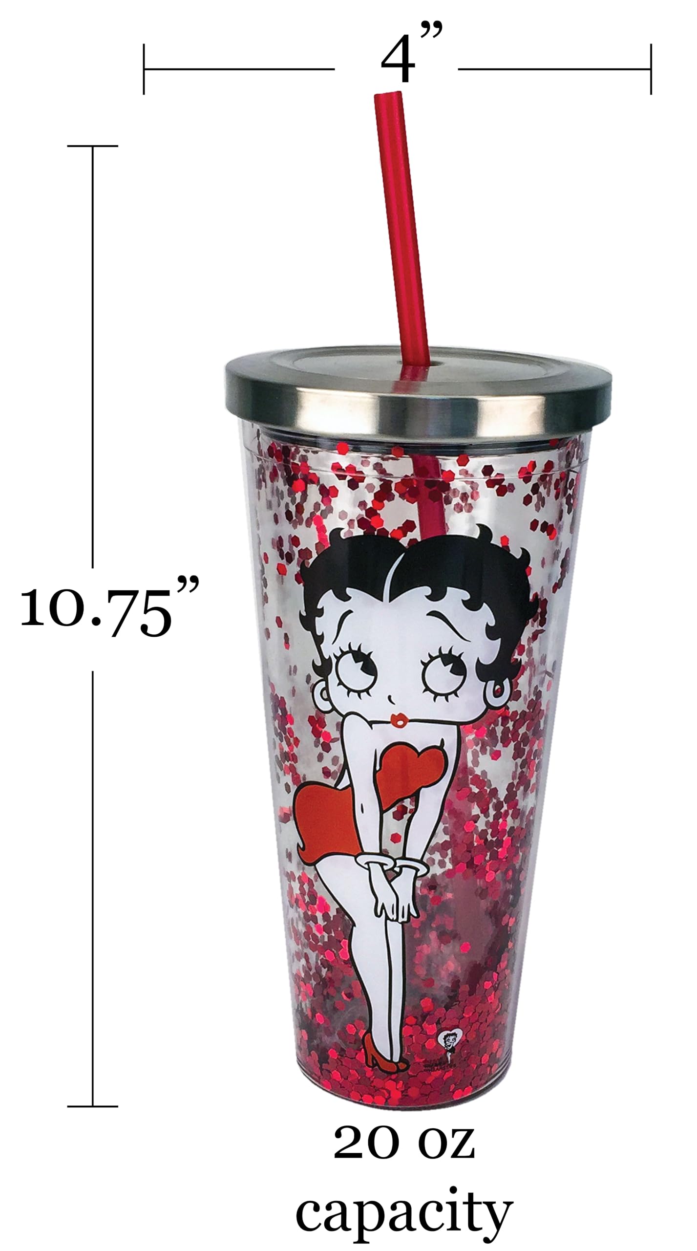 Betty Boop Glitter Filled Acrylic Tumbler 20oz - Stainless Steel Locking Lid with Straw - Double Wall Insulated BPA-Free Cup - Perfect for Home, Office & Travel